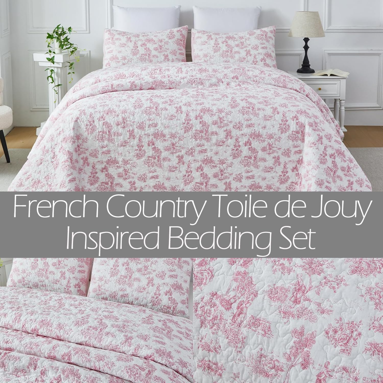 Brandream Luxury Pink Toile Print Cotton Quilt Set Twin Size French Country Toile de Jouy Inspired Bedding Botanical Pastoral Teen Girls Dorm Room Quilt Set 2-Piece