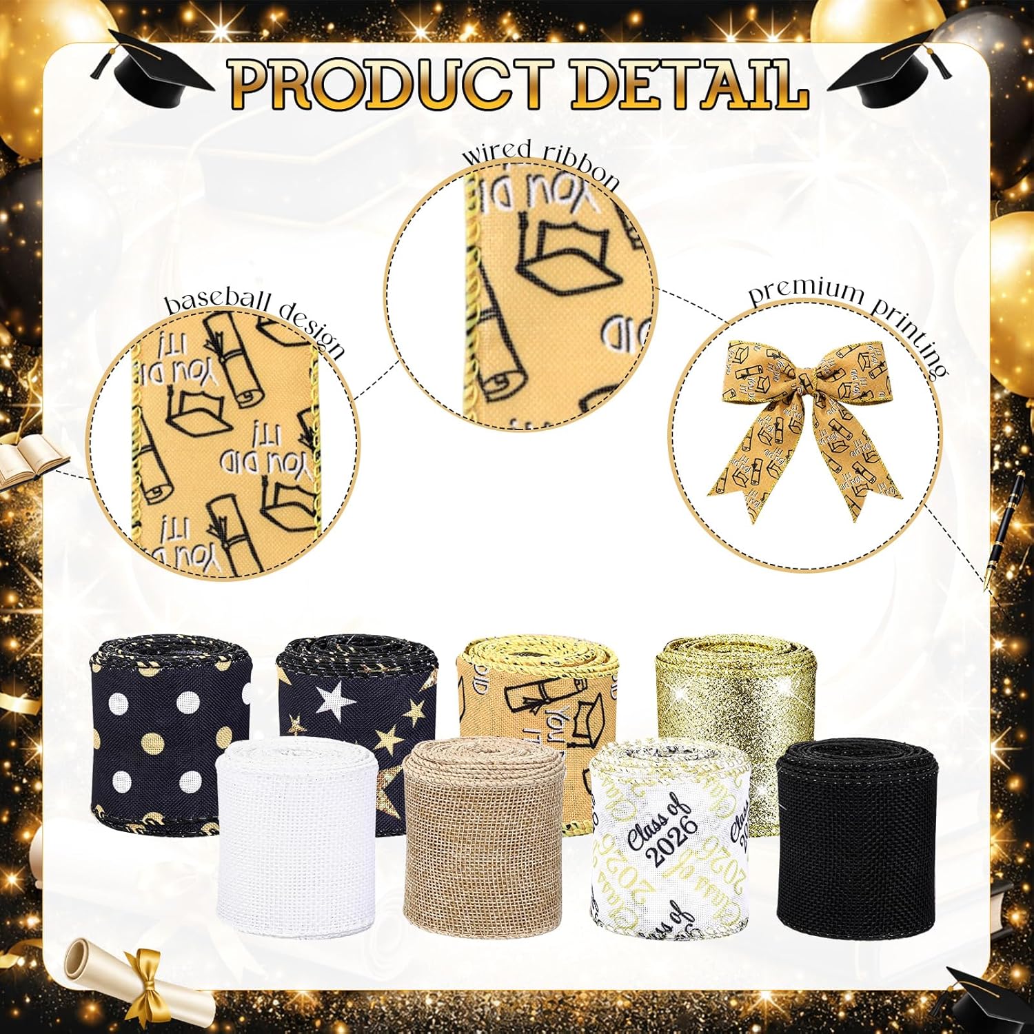 Knitgrip 8 Rolls Graduation Wired Ribbon 5 Yard Grad Cap Diploma 2026 Congrats Star Ribbon Gold for Bow Wreath Craft Gift Wrap Wired Edge Wrapping Crafts for Graduation Party Decor DIY Craft
