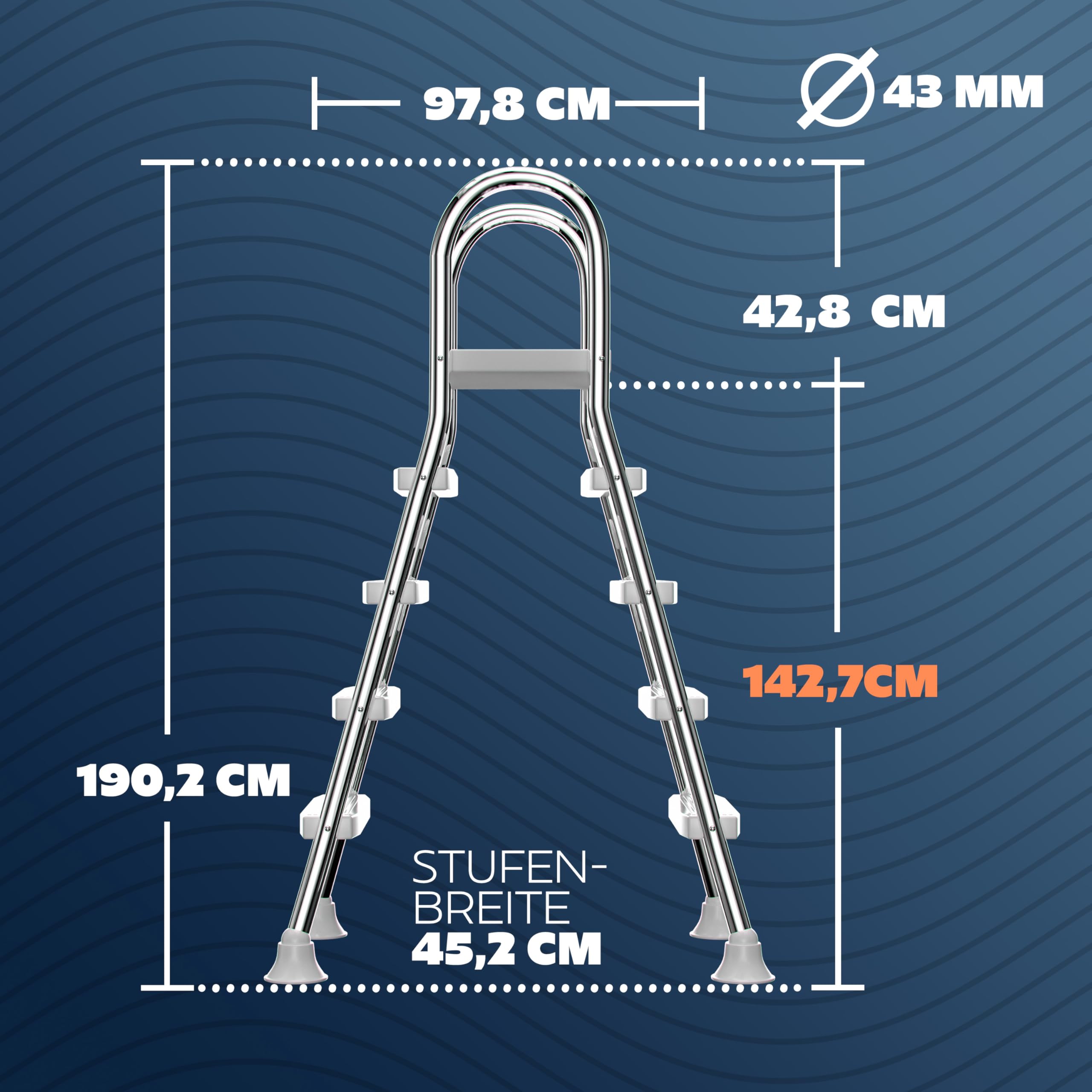 poolomio® Drabina basenowa ze stali nierdzewnej z poręczą do 140 cm, drabina wejściowa z 4 stopniami do basenów rozkładanych do 1,40 m wysokości, bezpieczne wejście, trwała, stabilna, nośność 150 kg