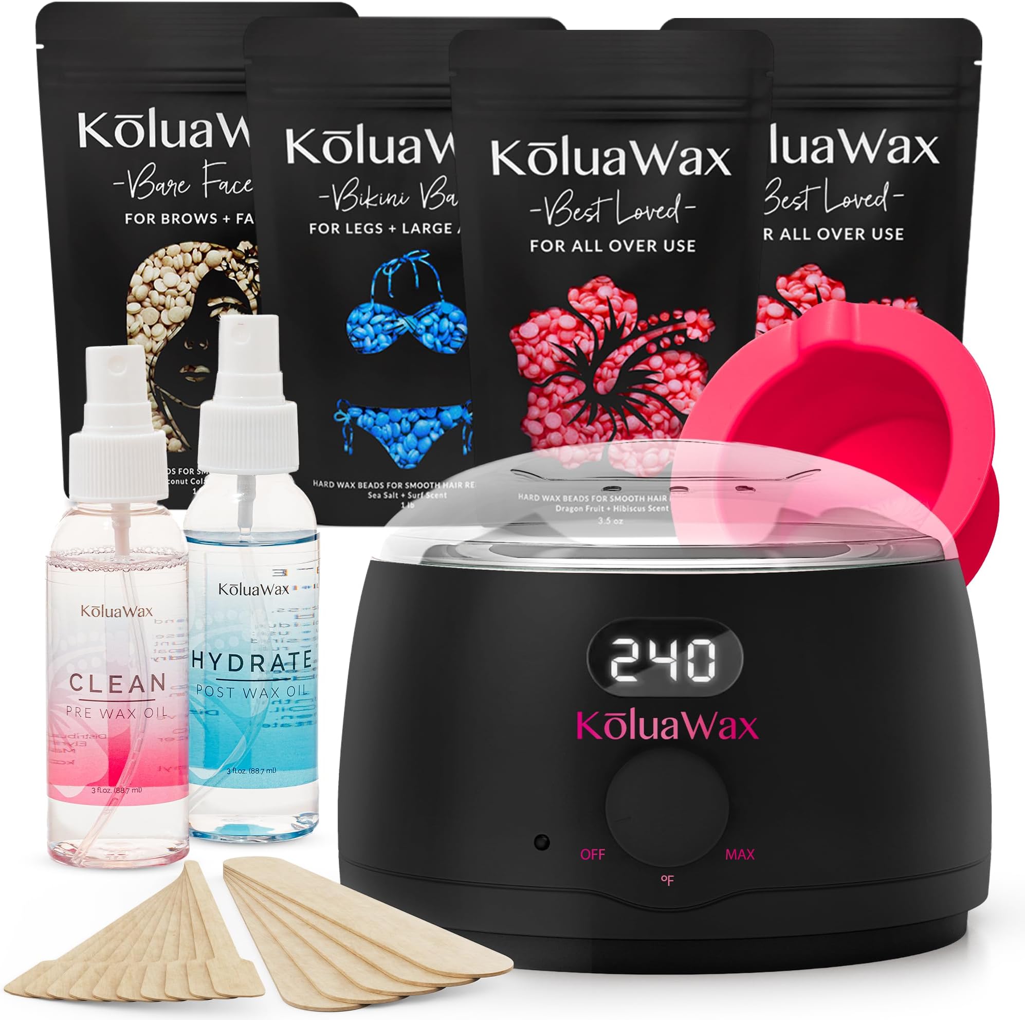 KoluaWax Premium Waxing Kit for Women - Beginner Friendly - Complete Wax Kit that includes 14oz of Wax Beads, Applicator, Pre and Post Care, Suitable for Sensitive Skin (Black) - Mothers Day Gifts