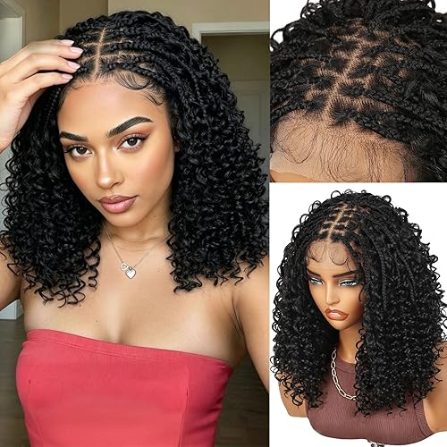 FANCEE 13x6 HD Lace Front Braided Wigs for Black Women Glueless Boho Box Braids Wig with Curly Hair Ends, Natural Black Premium Synthetic Fiber
