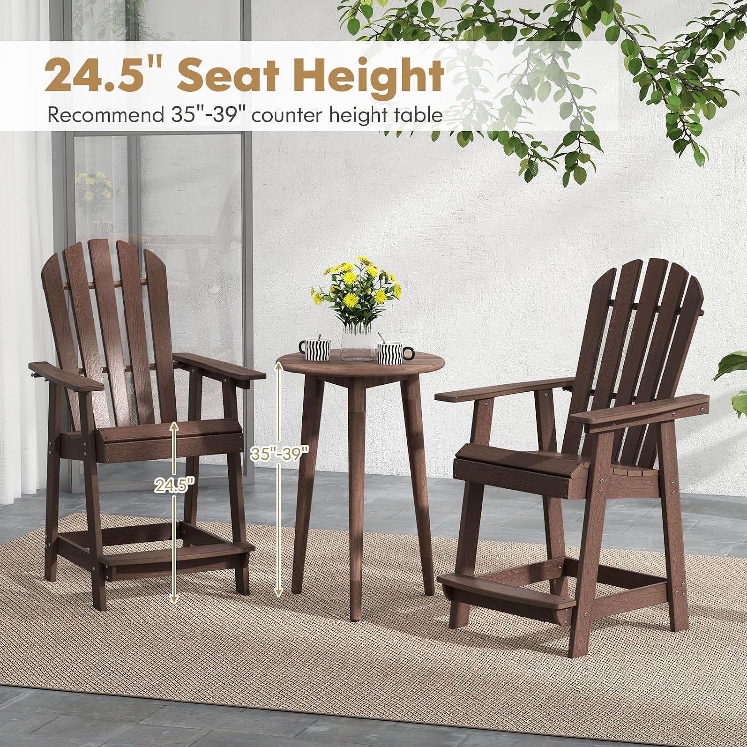 HAPPYGRILL Tall Adirondack Chairs Set, HDPE Patio Bar Stools Set, Bar Height Chair with Armrests & Footrest, for Outdoor Backyard Lawn Poolside