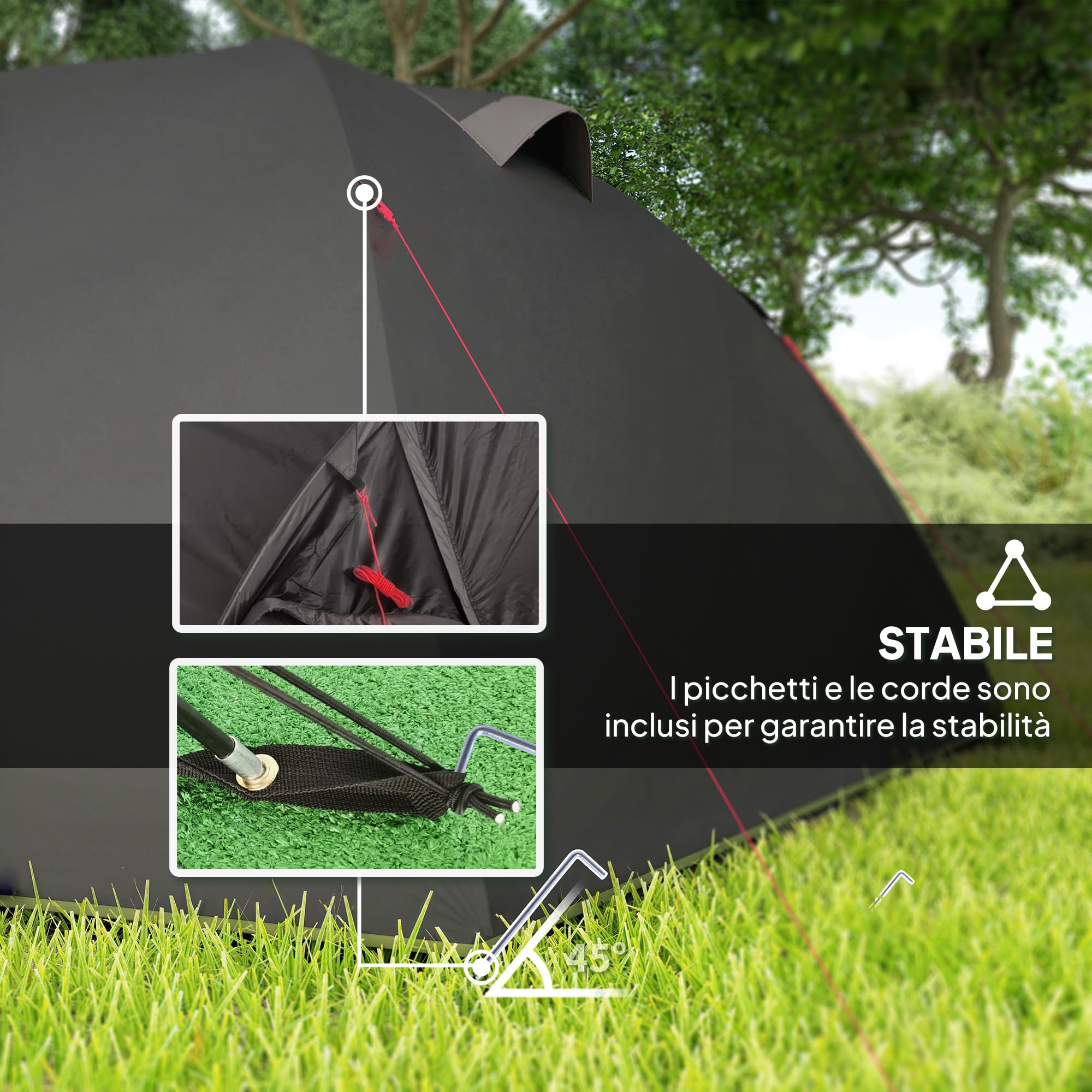 Outsunny Tenda da Campeggio a Tunnel per 2 Persone 2 Stanze Impermeabile 3000mm 330x190x120 cm Nero