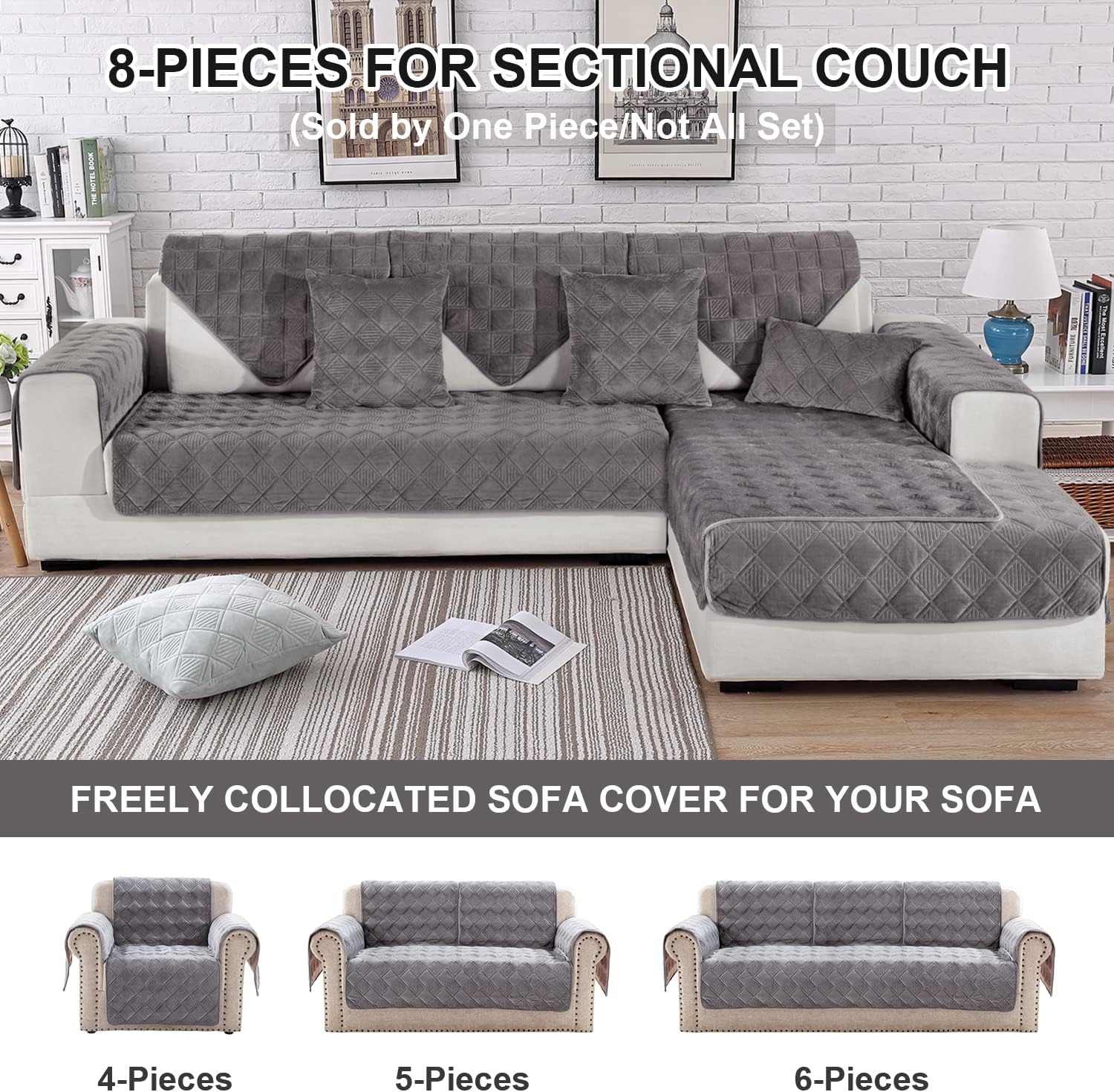 OstepDecor Sofa Armrest Covers, Backrest Covers, Quilted Sectional Couch Covers, Velvet Sofa Cover for Dogs Cats Pet Love Seat Leather L Shaped 2pcs 28 x 28 Inches