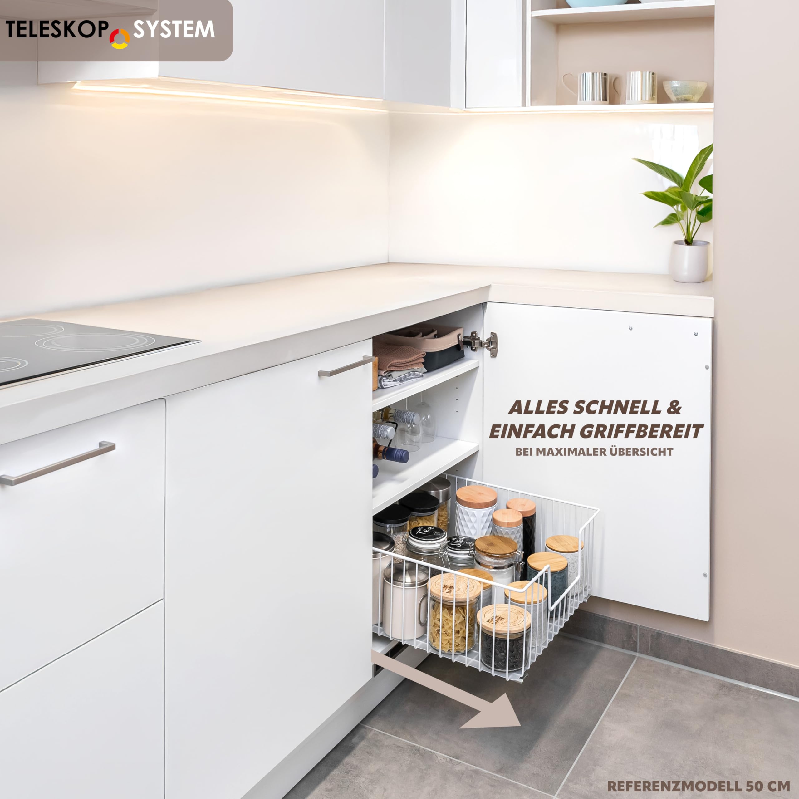 bremermann Schrank-Korbauszug 40 cm Breite mit Einlegeboden, Küchenschublade zum Nachrüsten, Vollauszug mit Teleskop-Schienen, ideal für Küche, Bad & Schlafzimmer, aus Metall (Weiß)