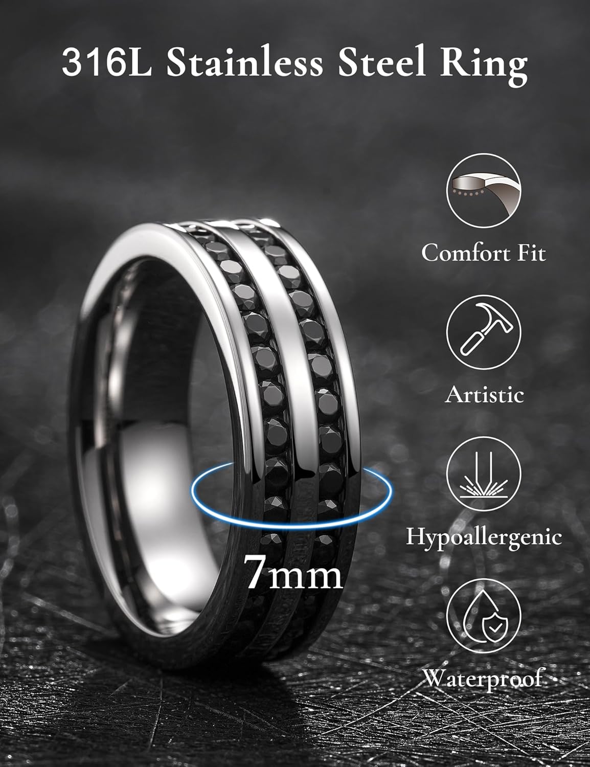 King Will 5mm/7mm Silver Stainless Steel Rings, Men's Wedding Rings Cubic Zircon Inlay Flat Cut Ring for Men Women, Comfort Fit