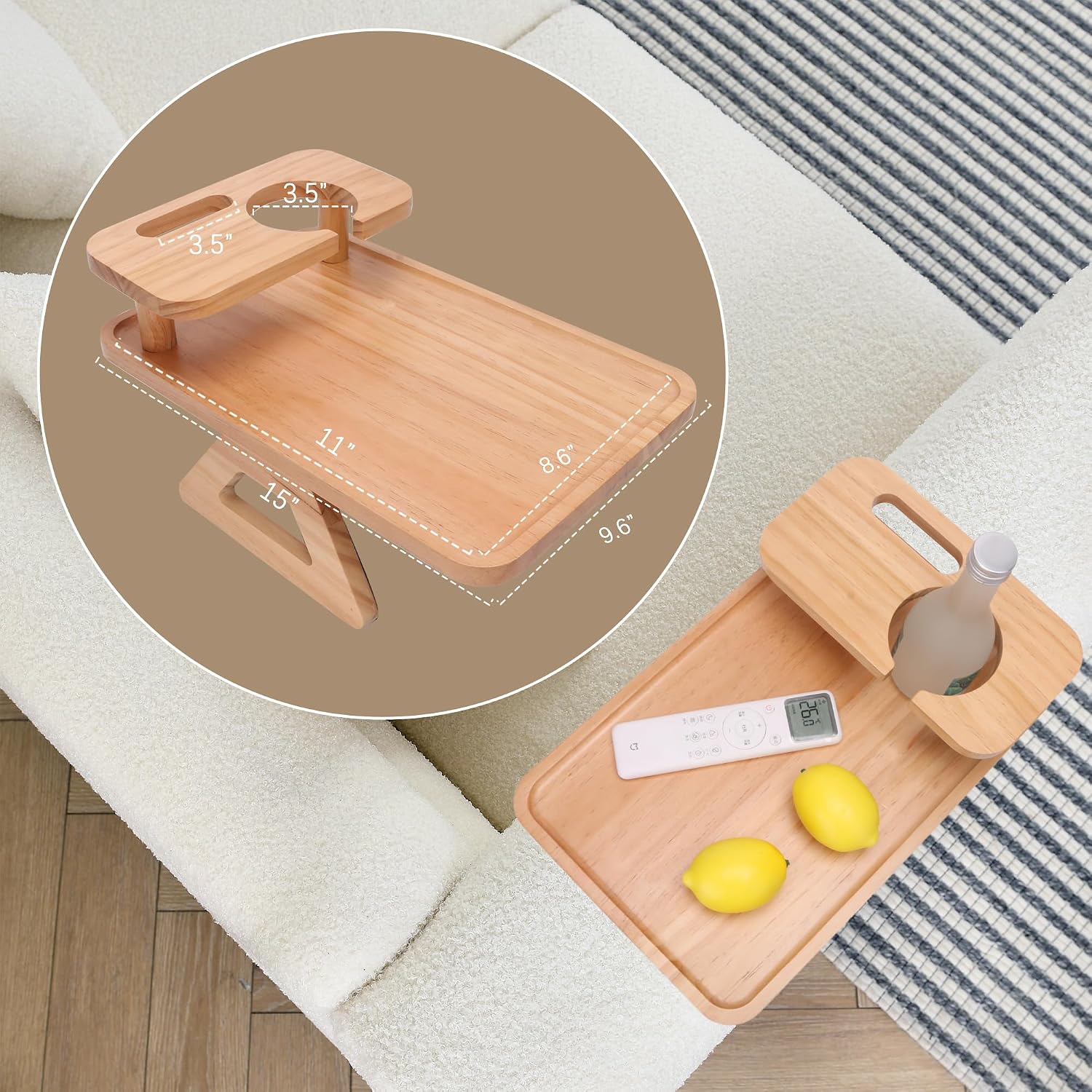 Couch Arm Tray,15.3x9.8 Couch Arm Table with 360° Rotating Phone Holder&Cup Holder,Sofa Armrest Tray Wood,Arm Rest Table for Couch,Sofa Arm Tray,Arm Chair Table Tray for Remotes/Snacks (Natural 1)