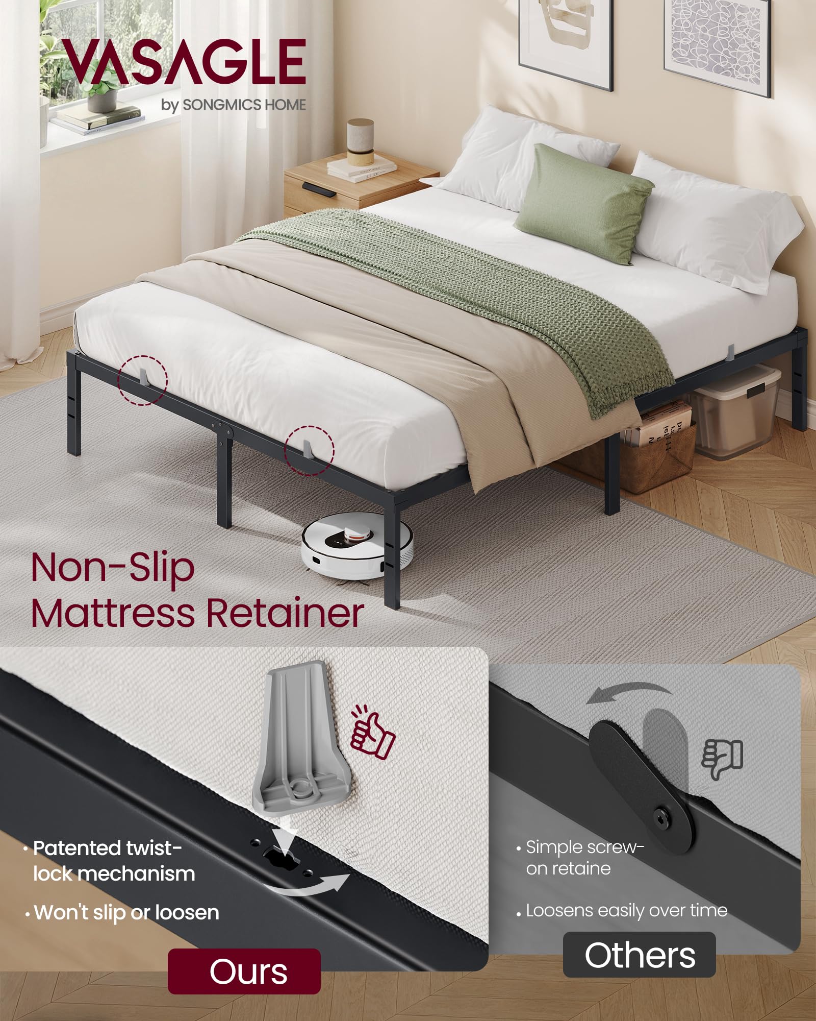 VASAGLE Queen Metal Bed Frame 14 Inches Tall, 1100 lb Weight Capacity, No Box Spring Needed, with Under-Bed Storage, Eas — product photo
