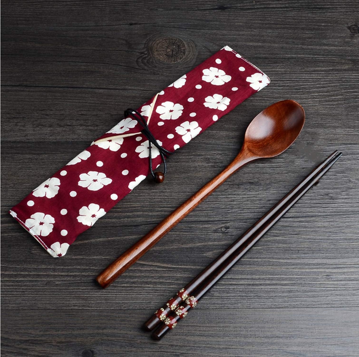 Red : Exquisite and Environmental Wood Spoon Chopsticks Cutlery Set with Cloth Carry Bag Red