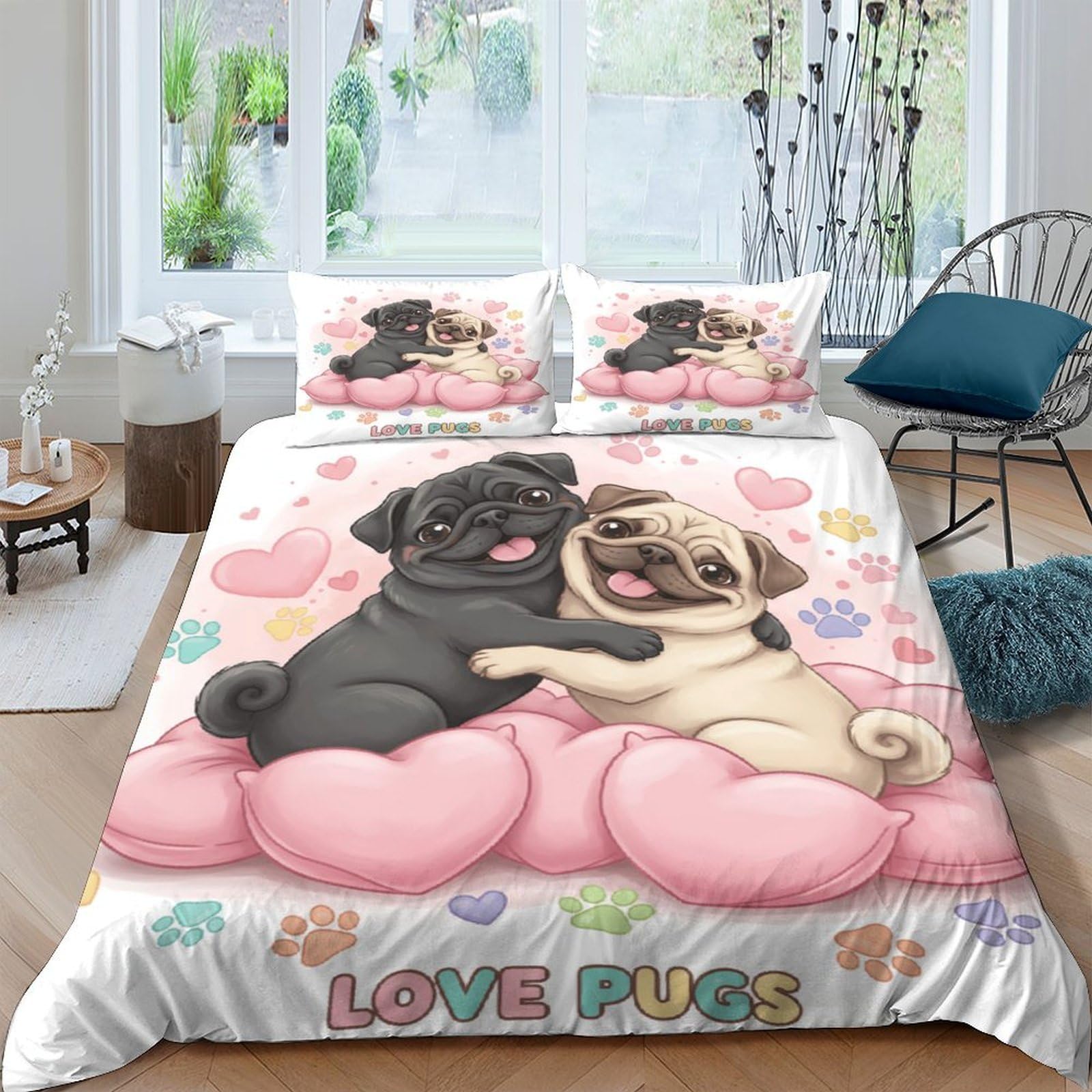 Ctjqhvkz Style-7 3D Printed Cute Pug Cartoon Fitted Sheet Microfiber Pink Heart Bed Cover For Bedroom Guest Room Mattress Protection Decor Single（135X200cm）