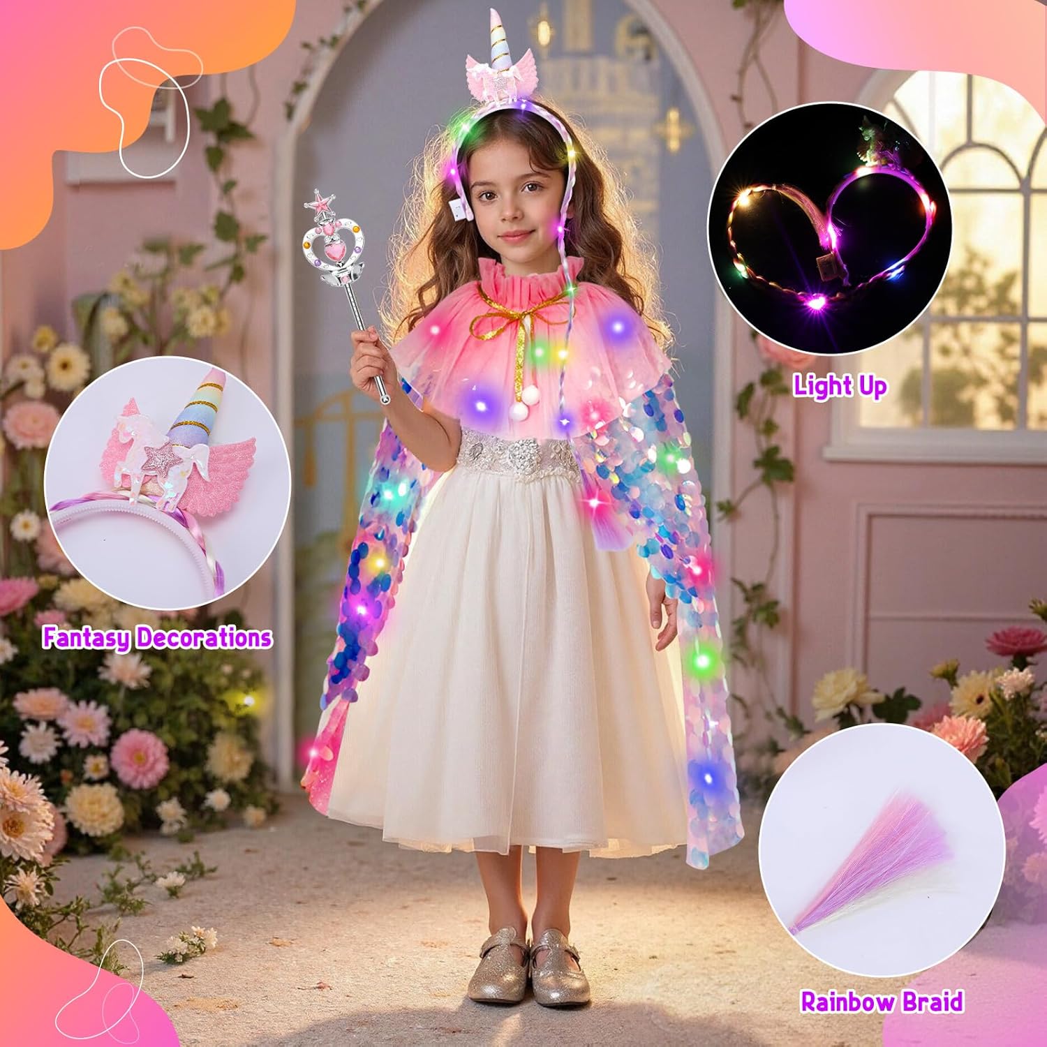 Meland Princess Dress Up for Girls 3-8, 11Pcs Mermaid Cape with Crown, Dress Up Clothes Birthday Gift Toys for Girls Toddlers