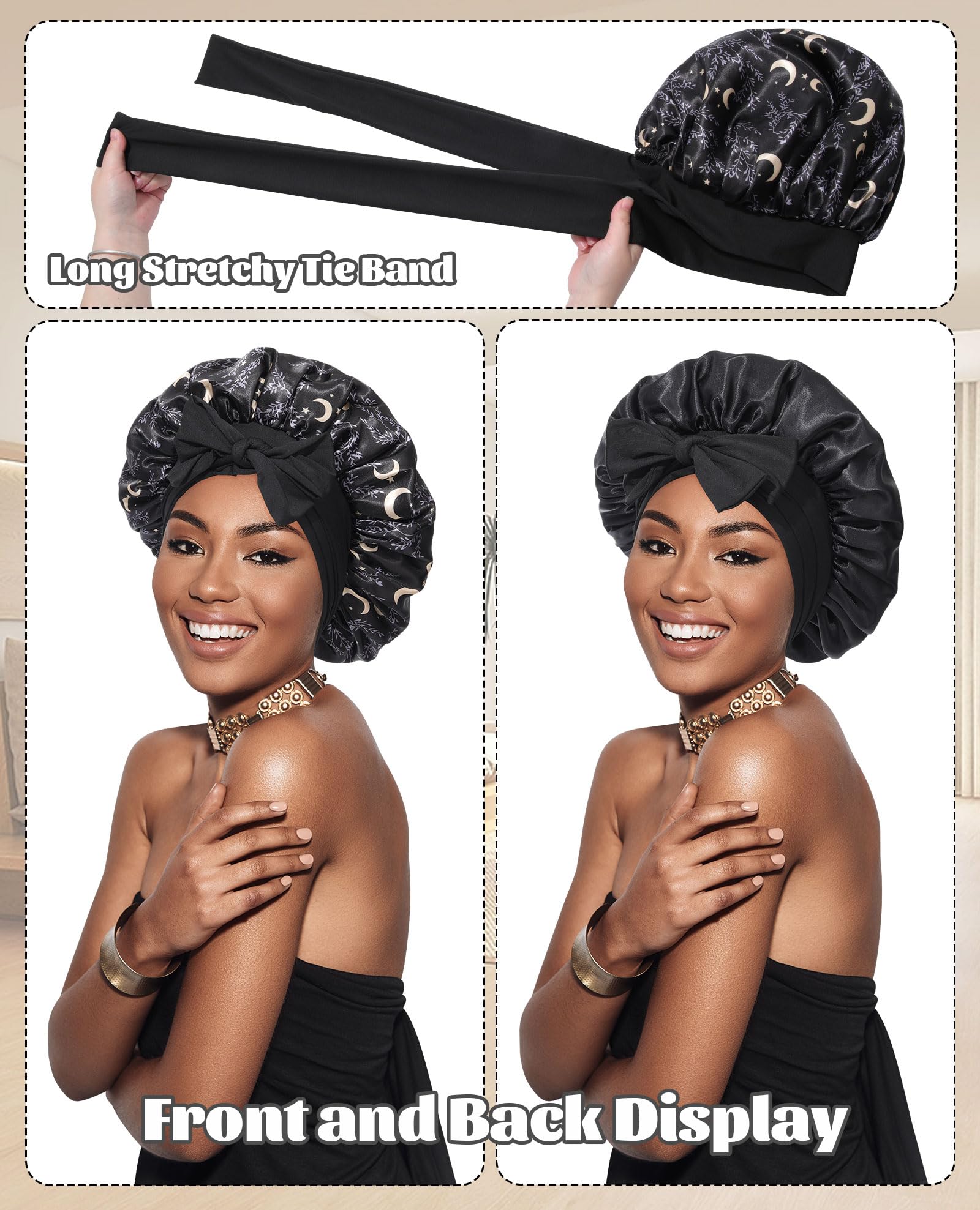 Satin Bonnet Silk Bonnet for Sleeping Silk Sleep Cap Double Layer Hair Bonnet with Elastic Tie Band for Curly Hair Night Cap (Black stars and moon+Black): One Size Black stars and moon+Black