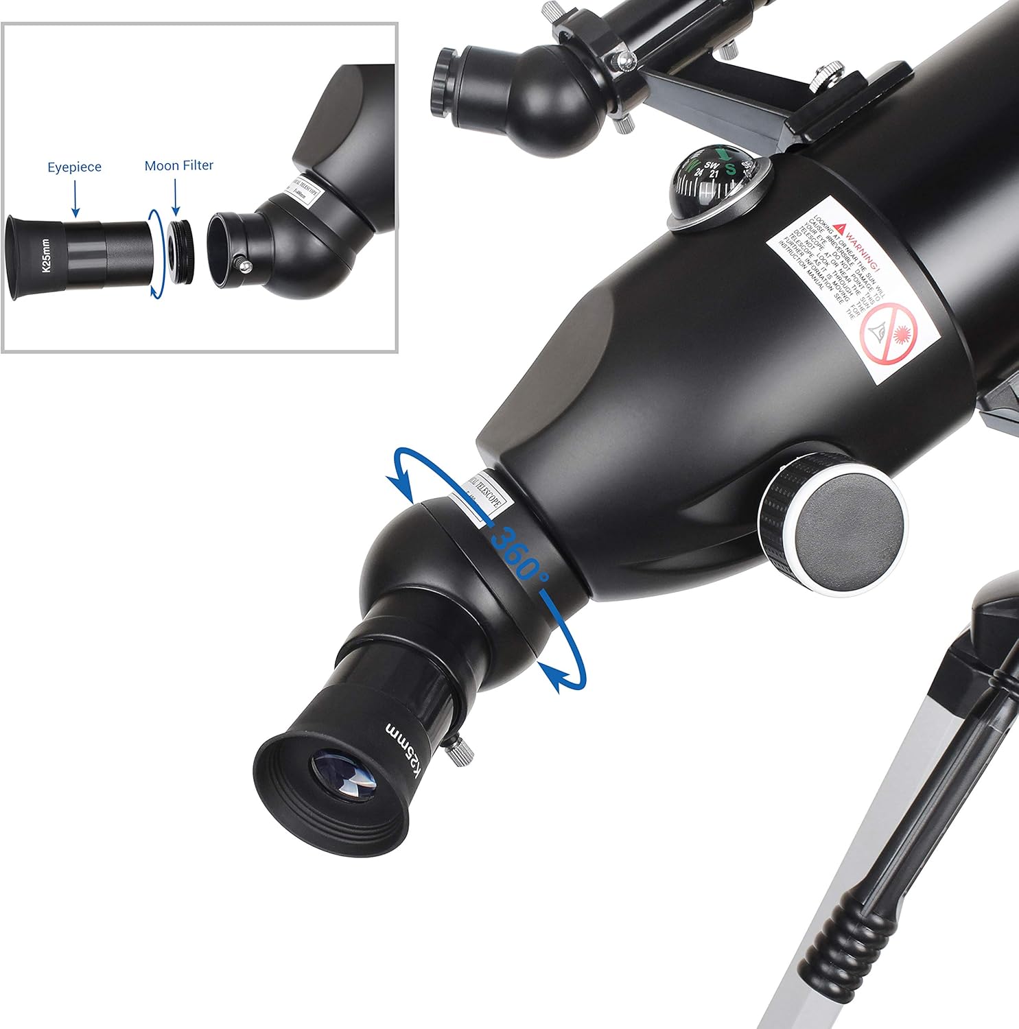 Close-up showing how to attach an eyepiece and moon filter to the telescope's diagonal, with a 360-degree rotation indicator.