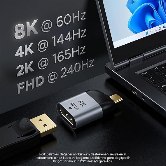Type-C to DisplayPort 1.4 Çevirici Mini Adaptör - 8K'ya Kadar Destek - USB-C'den DP Görüntü Dönüştürücü - Alüminyum Gövde - Laptop Tablet Telefon Uyumlu - Tak Çalıştır