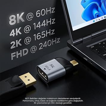 Type-C to DisplayPort 1.4 Çevirici Mini Adaptör - 8K'ya Kadar Destek - USB-C'den DP Görüntü Dönüştürücü - Alüminyum Gövde - Laptop Tablet Telefon Uyumlu - Tak Çalıştır