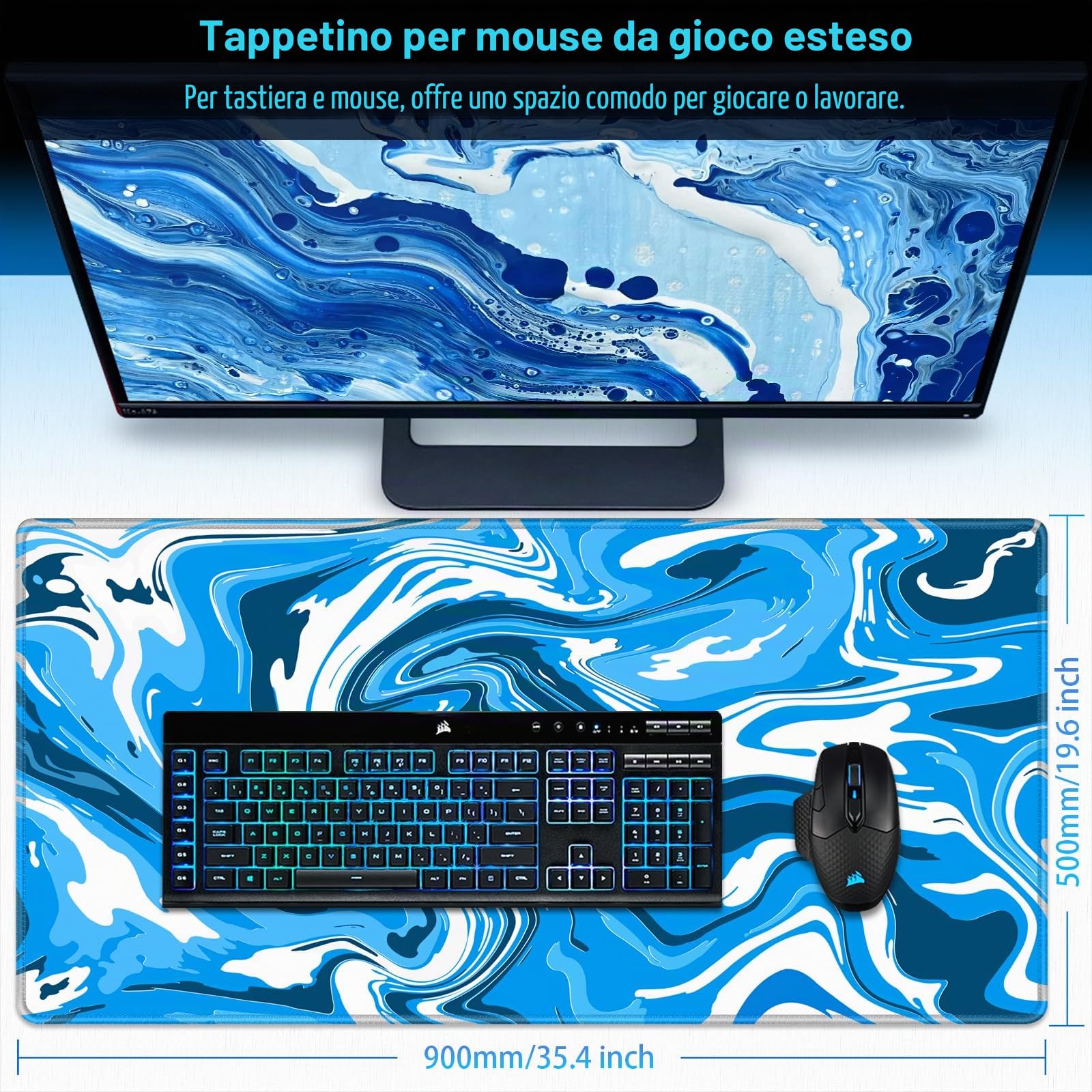 Abetcabe Tappetino per mouse XXL, 900 x 500 x 3 mm, per gaming, grande | Bordi cuciti, impermeabile, antiscivolo, migliora la precisione e la velocità, maggiore presa, movimento libero per il mouse