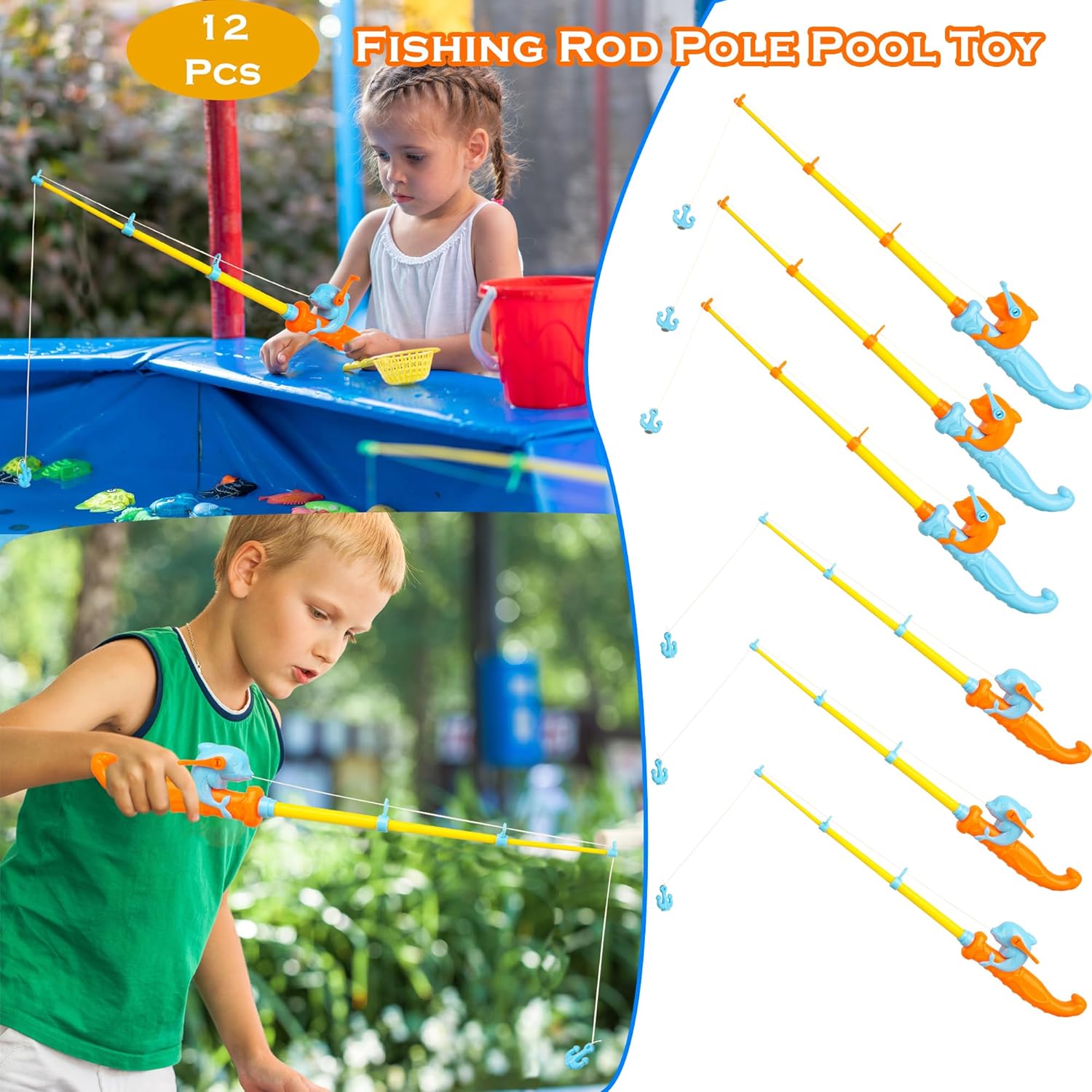 12 Pcs Fishing Pole Pool Toy Magnetic Toy Pole Plastic Child Fishing Game for Kids Bath Pool Fish Game Carnival Education Teaching, 2 Colors