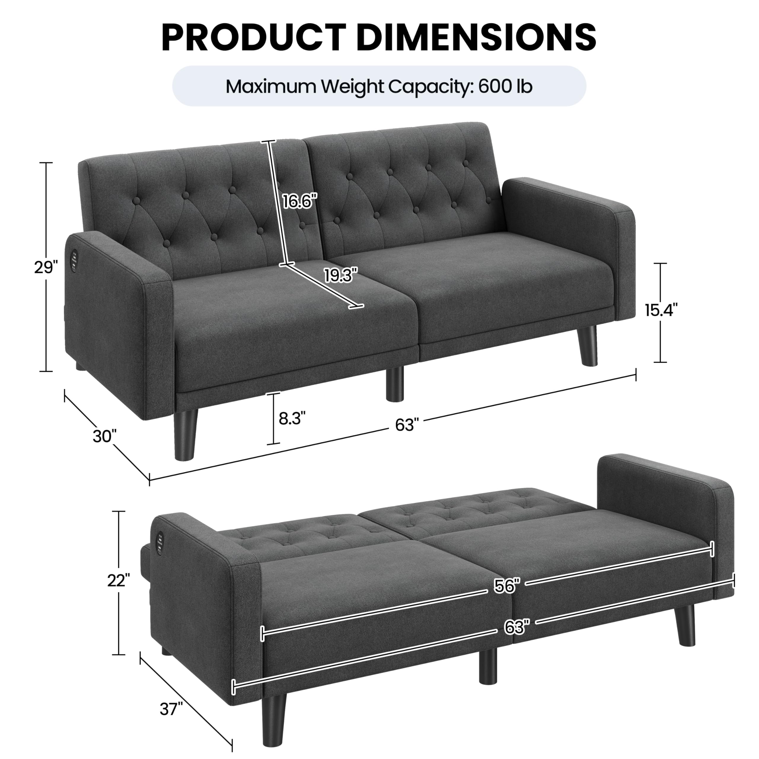 Yaheetech 63" Small Futon Sofa Bed, Convertible Couch with USB, Dark Gray | Loveseat, Compact Sofa Couch Fabric Reclining Futon Features 3 Angles, Removable Armrest for Apartment, Office, Living Room