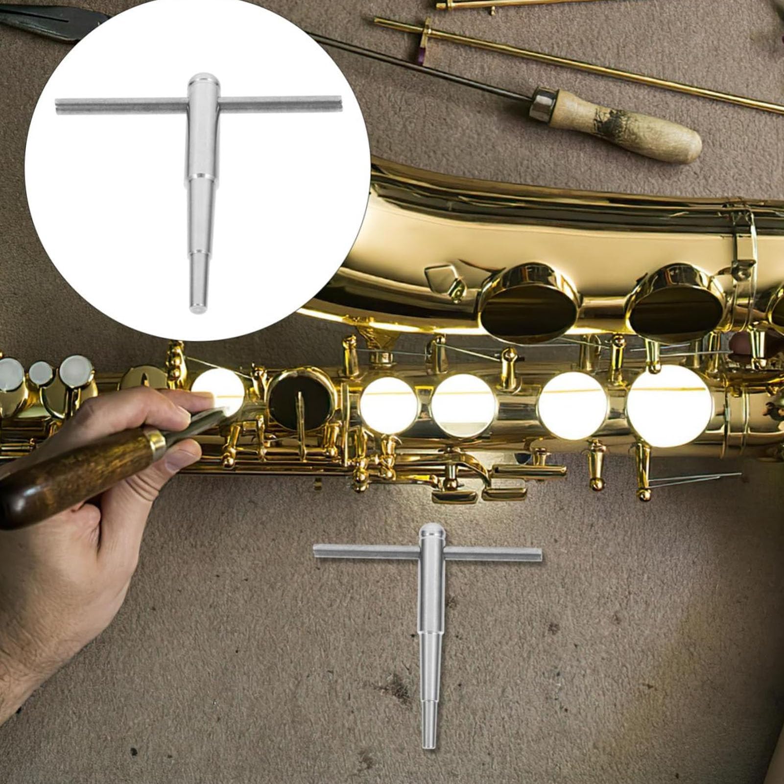 Outil de Réparation de Trompette, Tête Sphérique en Métal, Corne, Trombone, Outils D'entretien du Cou avec Manche en Bois, Accessoire D'instrument