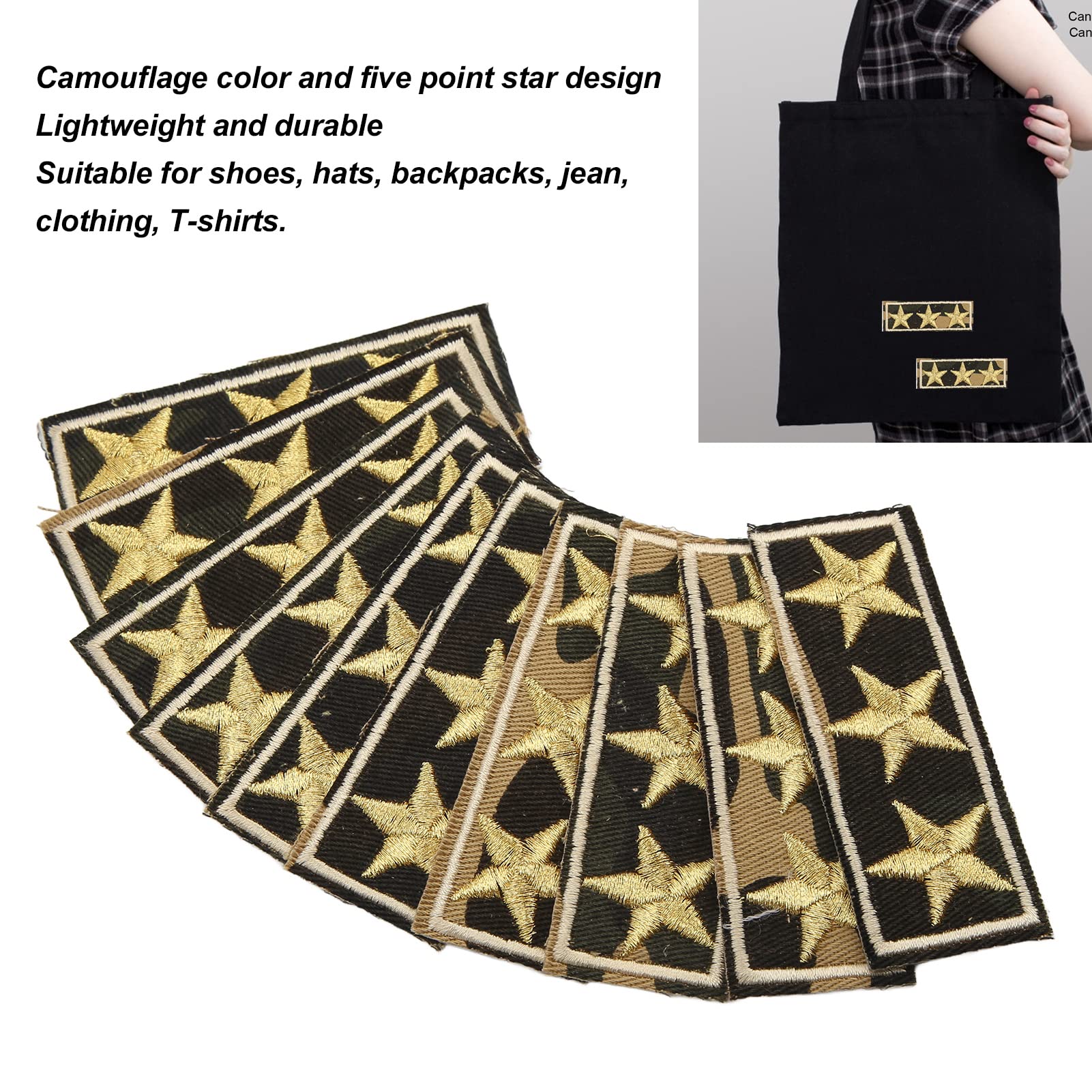 BigKing Toppe per Vestiti Multiuso 10 Pezzi Termoadesive Camouflage Stella a Cinque Punte Che Cattura L'occhio - Ampia Applicazione in Ferro in Cotone Resistente