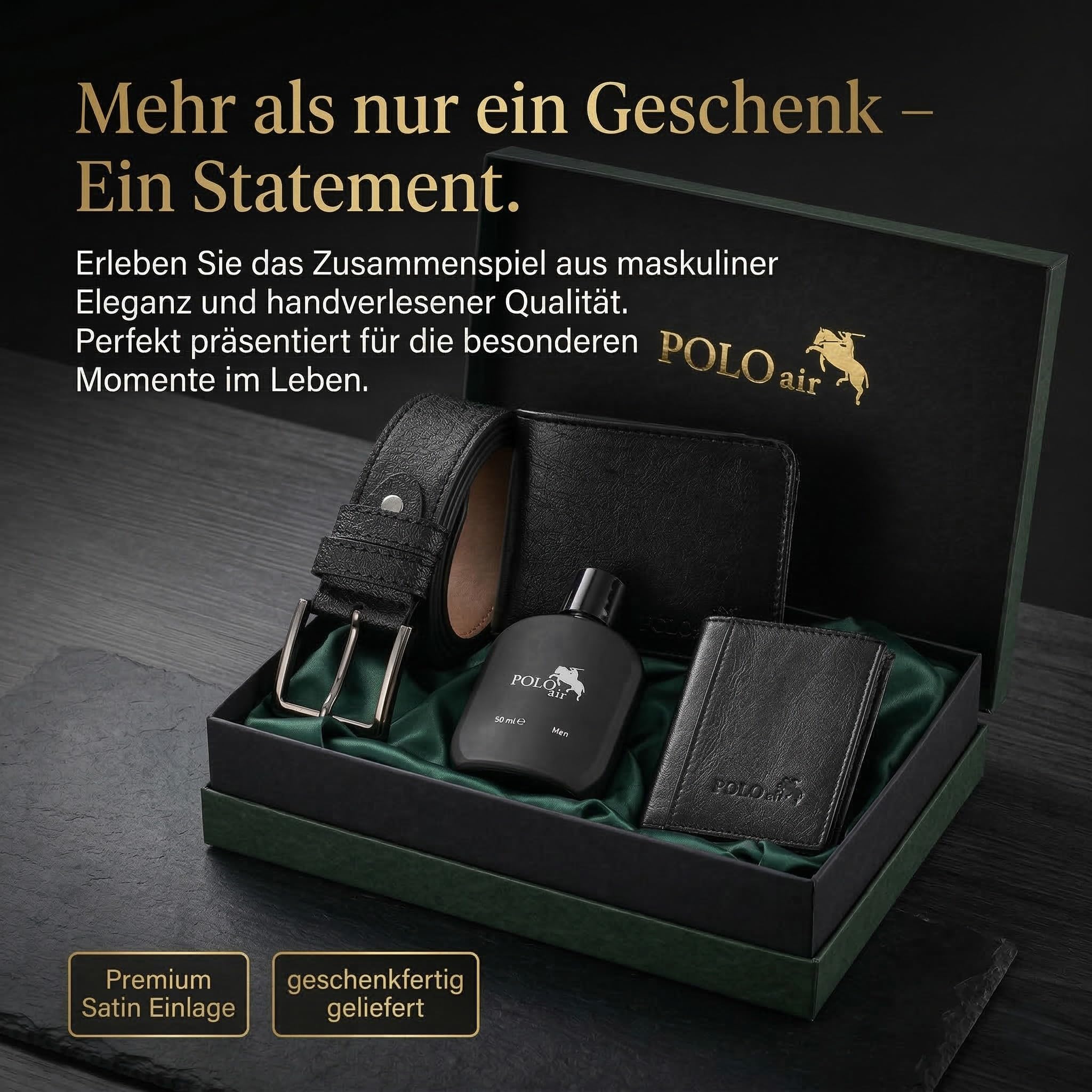 Polo Air Herren Geschenk-Set 4-Teilig mit Parfum Gürtel Geldbörse Kartenetui Schwarz Premium Geschenkbox