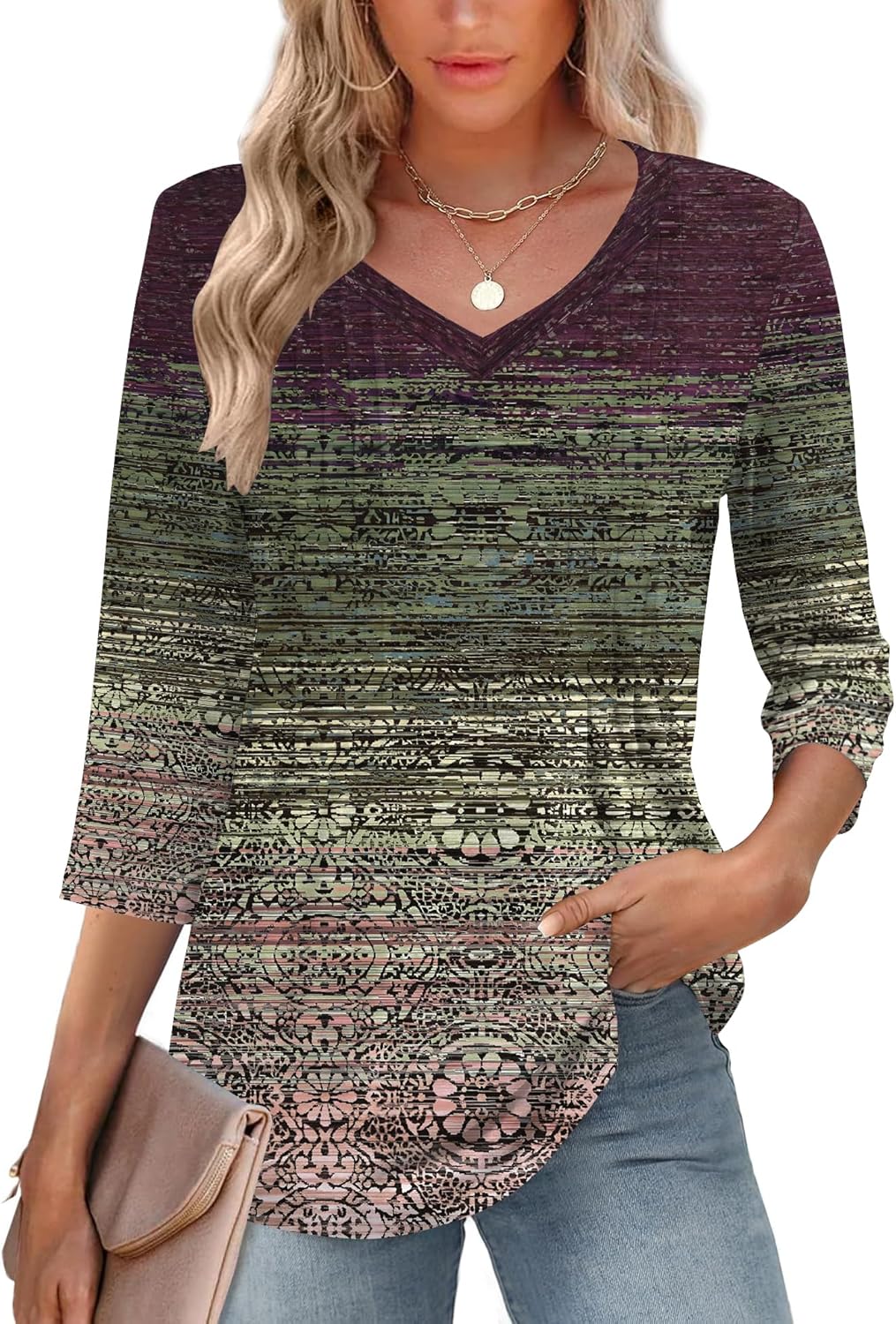 Romanstii Shirts for Women 2026 Spring 3/4 Length Sleeve Womens Tops Dressy Casual Pleated Blouses V Neck Tee Shirts S-3XL