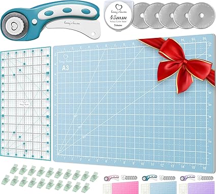 Rotary Cutter Set turquoise - Quilting Kit incl. 45mm Fabric Cutter, 5 Replacement Blades, A3 Cutting Mat, Acrylic Ruler and Craft Clips - Ideal for Crafting, Sewing, Patchworking, Crochet & Knitting
