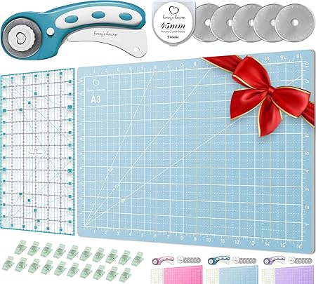 Rotary Cutter Set turquoise - Quilting Kit incl. 45mm Fabric Cutter, 5 Replacement Blades, A3 Cutting Mat, Acrylic Ruler and Craft Clips - Ideal for Crafting, Sewing, Patchworking, Crochet & Knitting