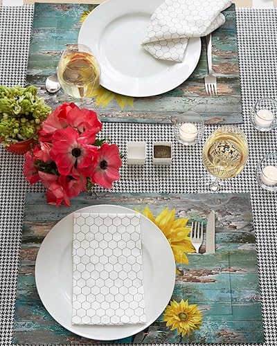 Miniatura 3 de Juego de 2 manteles individuales retro con flores amarillas para mesa de comedor, manteles individuales de lino de algodón con bolsillo, mesa