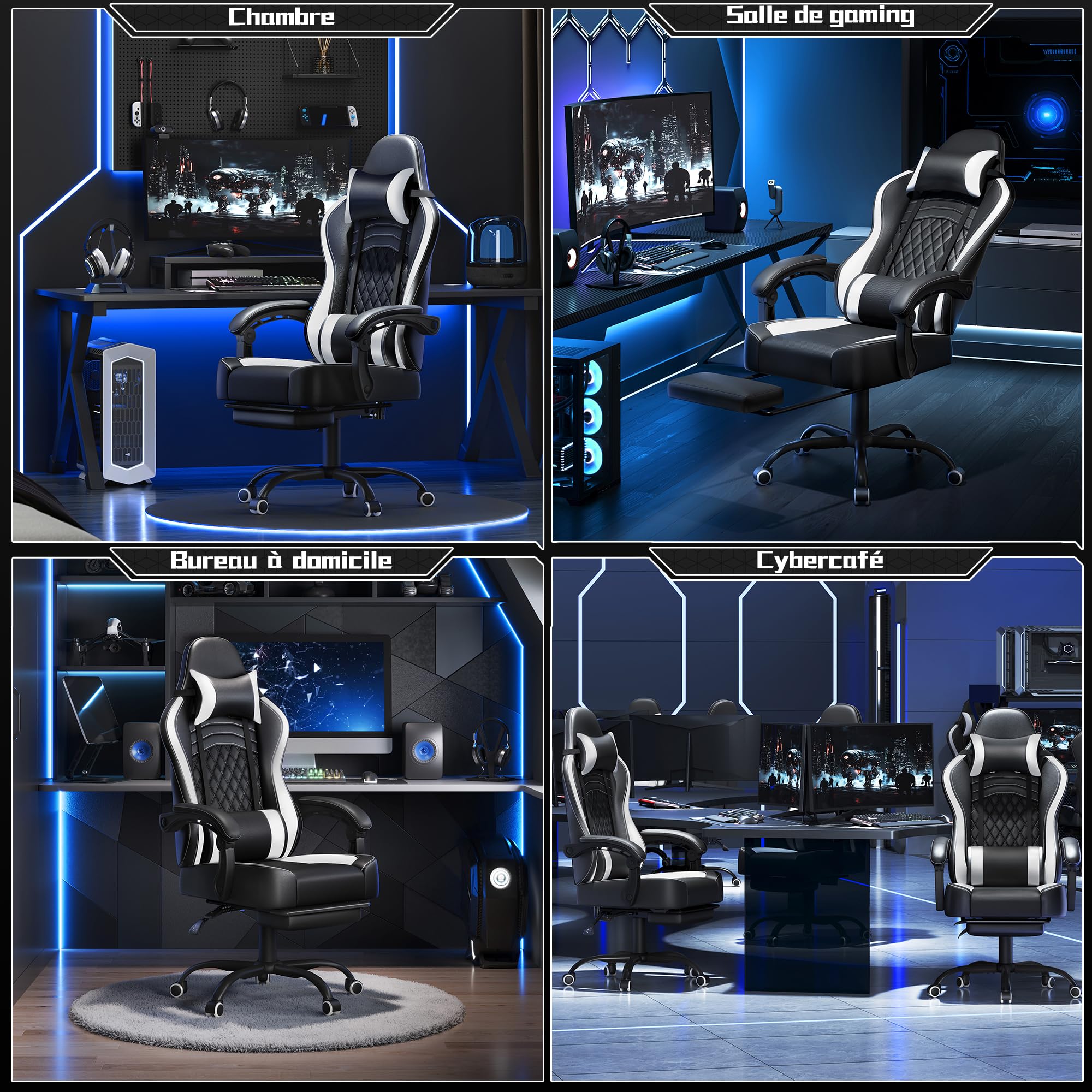 Abician Fauteuil Gaming Pivotant Ergonomique, Chaise d'ordinateur Inclinable avec Coussin Lombaire, Massant Têtière Amovible Repose-Pieds Coulissant, Assise Réglable en Hauteur, Noir/Blanc