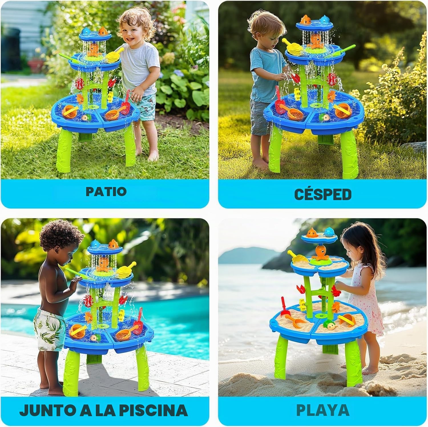 CozyBomB Mesa de juegos acuáticos para niños al aire libre de 3 pisos – Mesa de arena y agua con rueda de agua, aspersor y juego de pesca, juguete acuático para niños al aire libre a partir de 3, 4 y