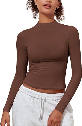 PrettyGuide Womens Cotton Long Sleeve Shirts Mock Neck Basic Tee Tight Fitted Fall Y2K Crop Top Going Out Tops