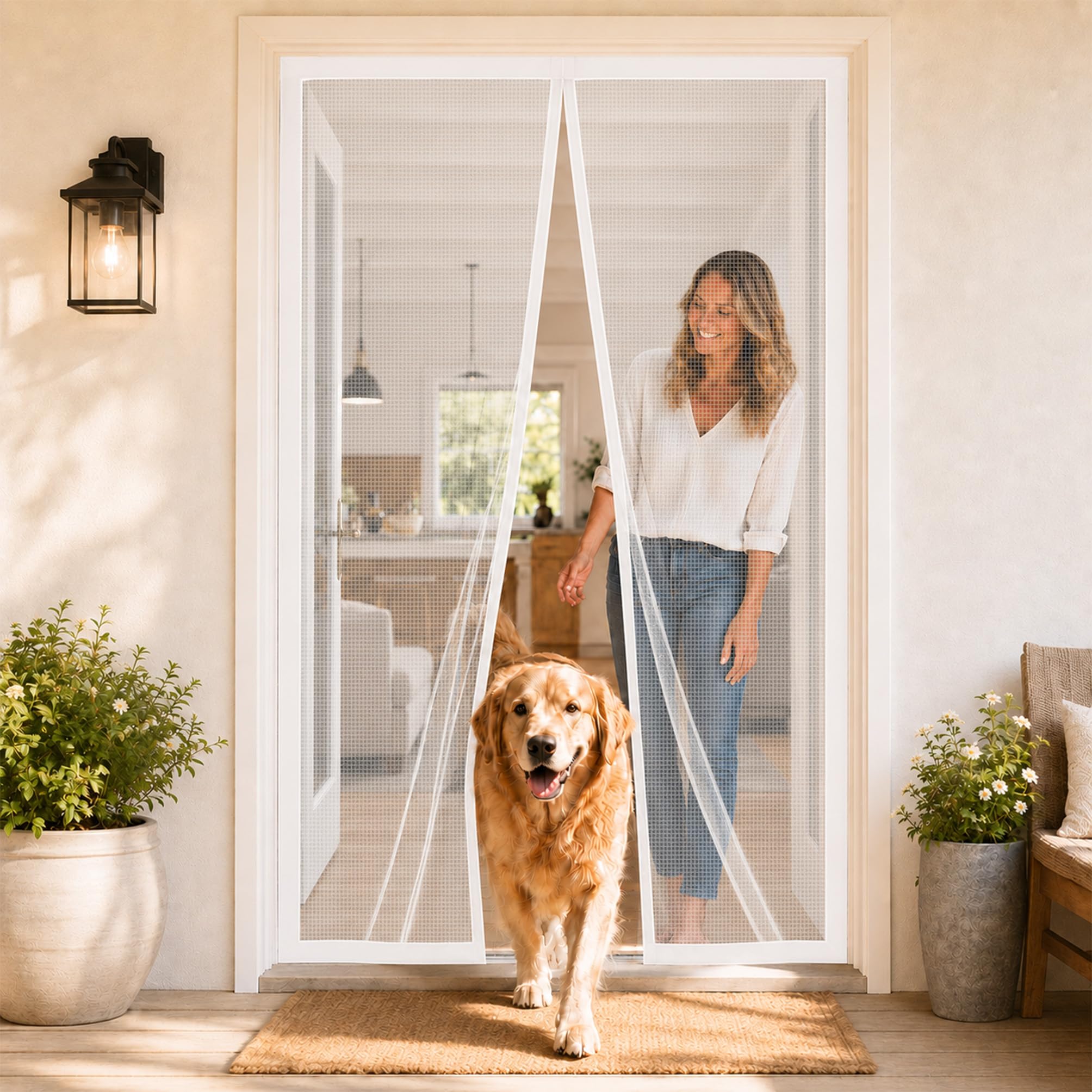 Door Screen Magnetic Closure White 235x175cm Center Opening Magnetic Fibreglass Door Screen with Easy Entry and Exit for French Doors Patio Doors and Back