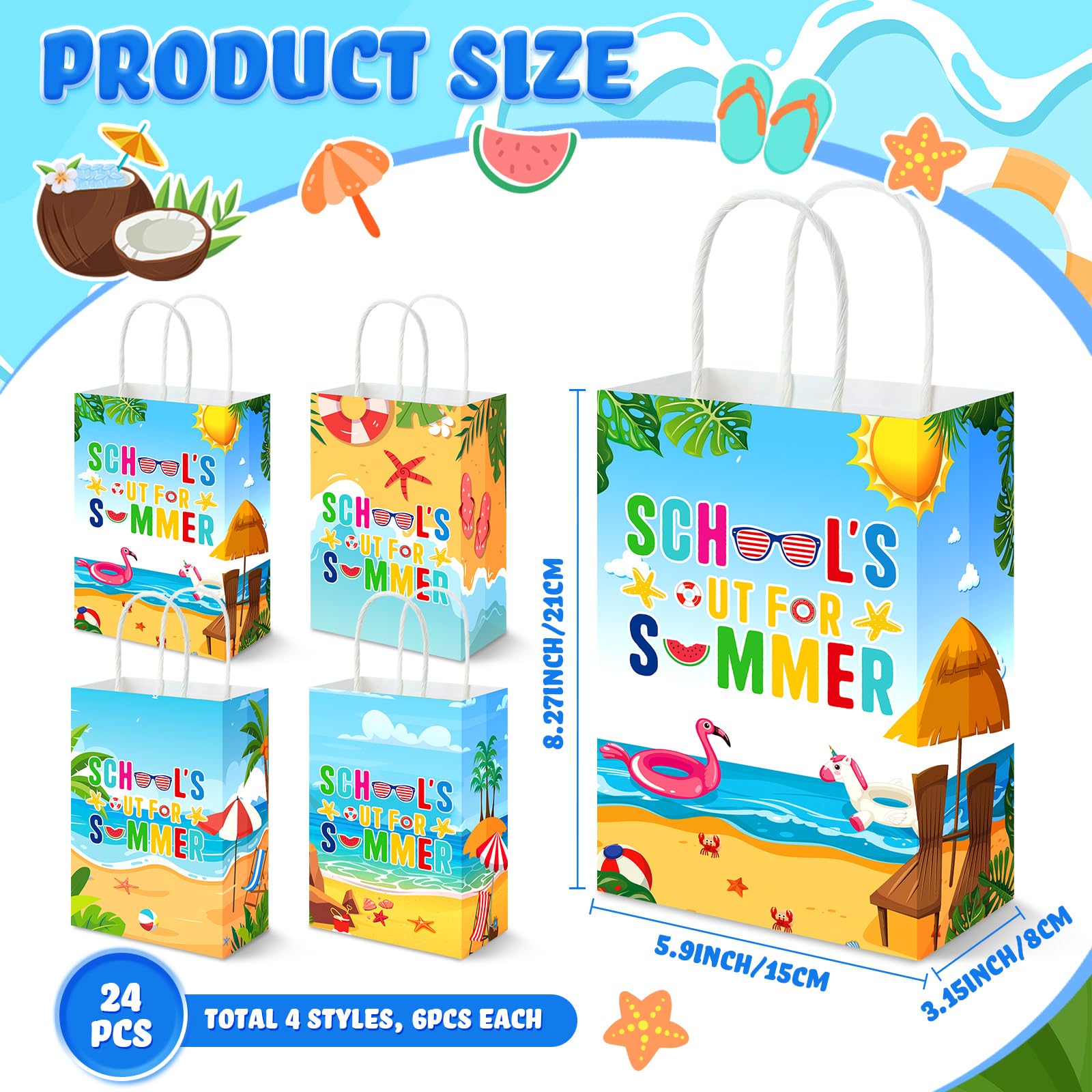 Yexiya 24 Pcs Summer Party Gift Bags Beach Themed Paper Treat Bags with Handles Candy Treat Paper Handbag for Birthday Parties, Summer Vacations, Weddings, Baby Showers Beach and Pool Celebrations