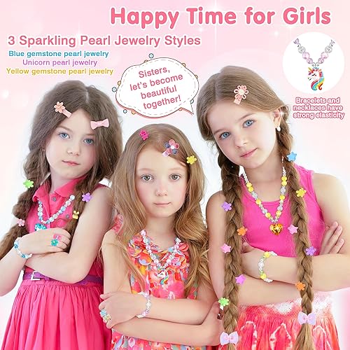 Miniatura 6 de Juguetes de joyería para niñas, 172 piezas de anillos de joyería, collares, pulseras, lazos para el cabello, pinzas para el cabello, juguetes de