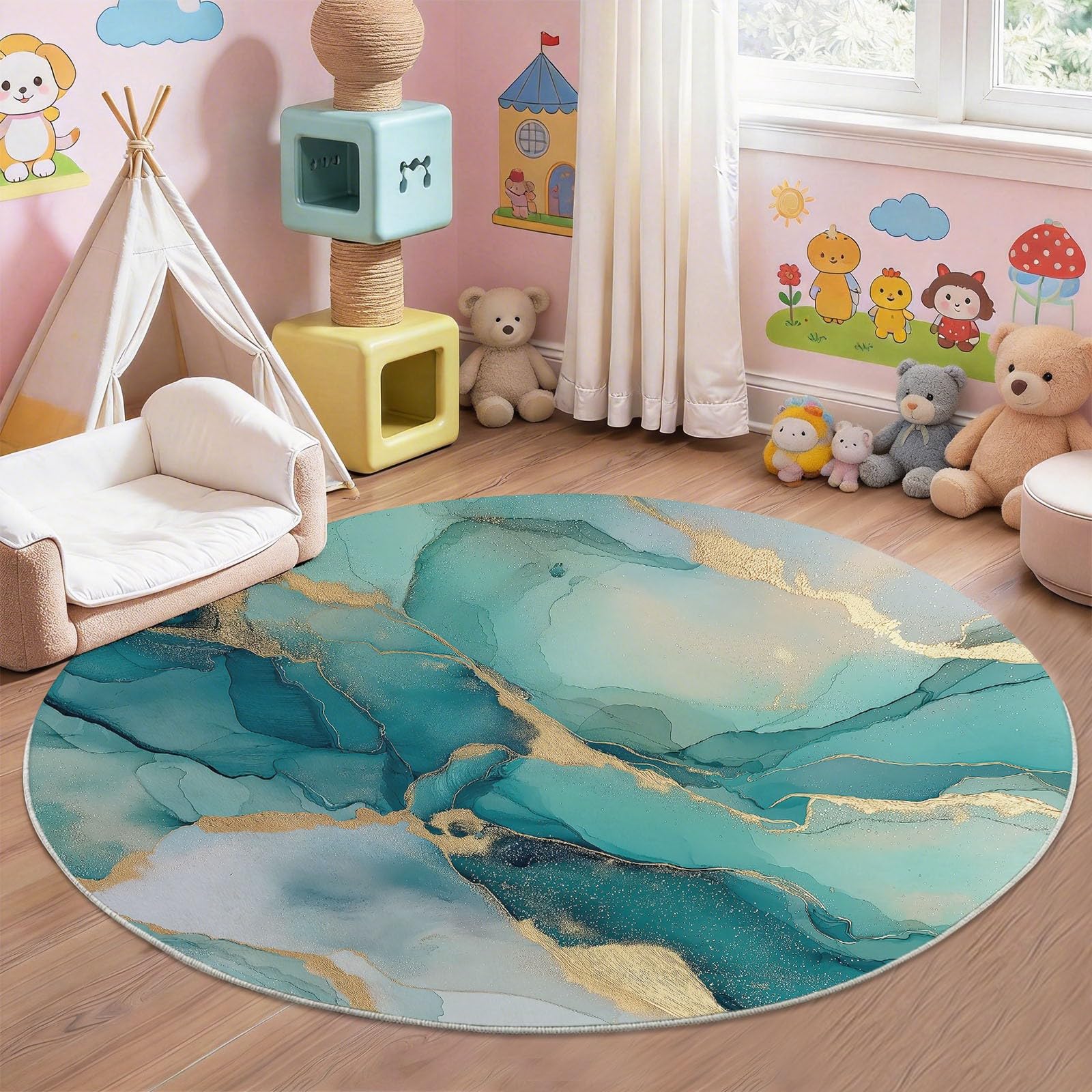 Tappeto rotondo da 120 cm, moderno, antiscivolo, lavabile, per camera da letto, tavolino da caffè, stile eterico, elegante, turchese, con stampa marmorizzata liquida, per soggiorno, cameretta dei