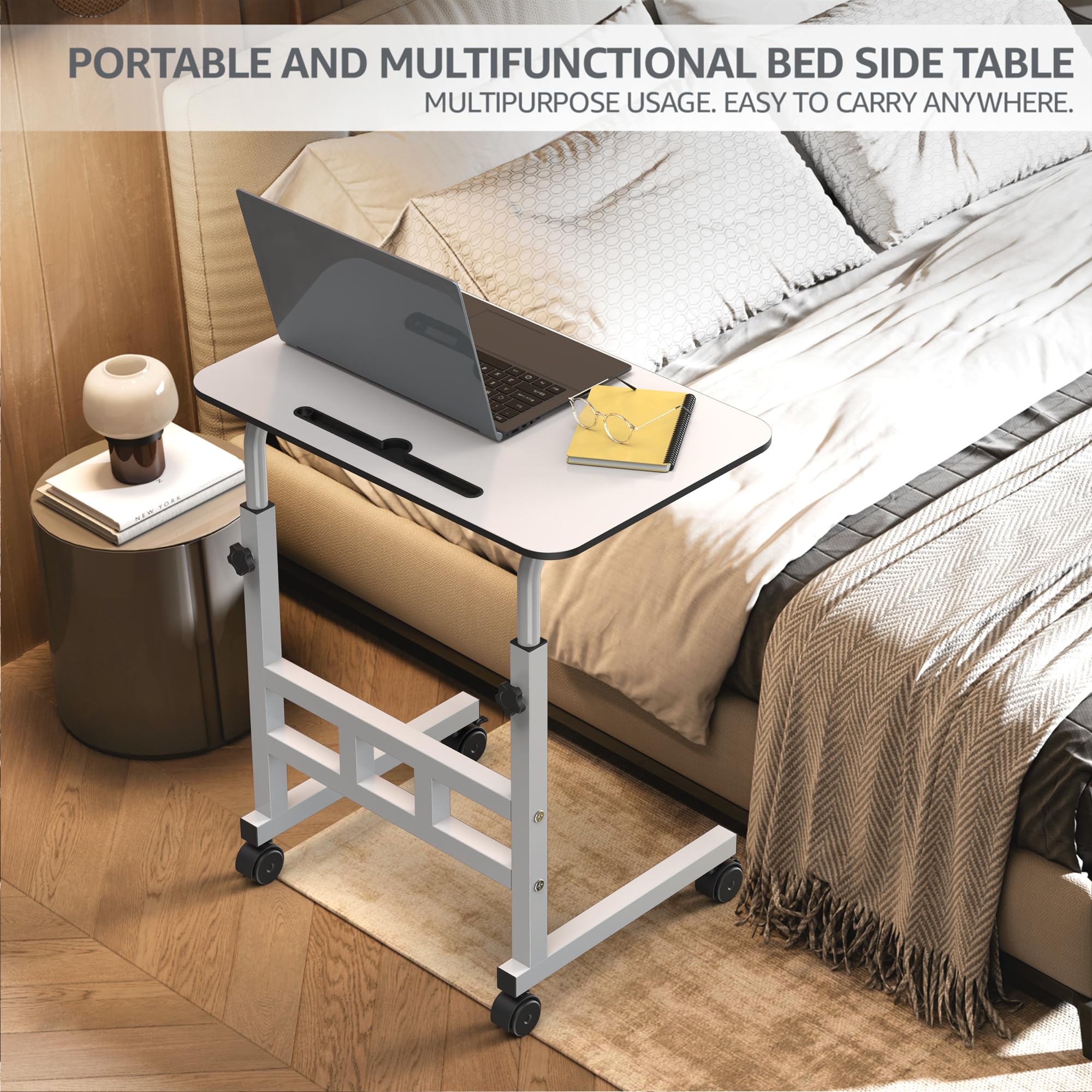 Umi Wooden Multipurpose Adjustable Height Adjustable Rolling Side Table with Wheels for Home, Study, Office and Bedroom - (White) 1