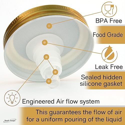 Miniatura 2 de Mason Jar Pour Spouts Tapa TinPlate Mason Jar Tapa Dispensador Tapa de brote Tapa de flujo libre (2 unidades Metal Dorado)