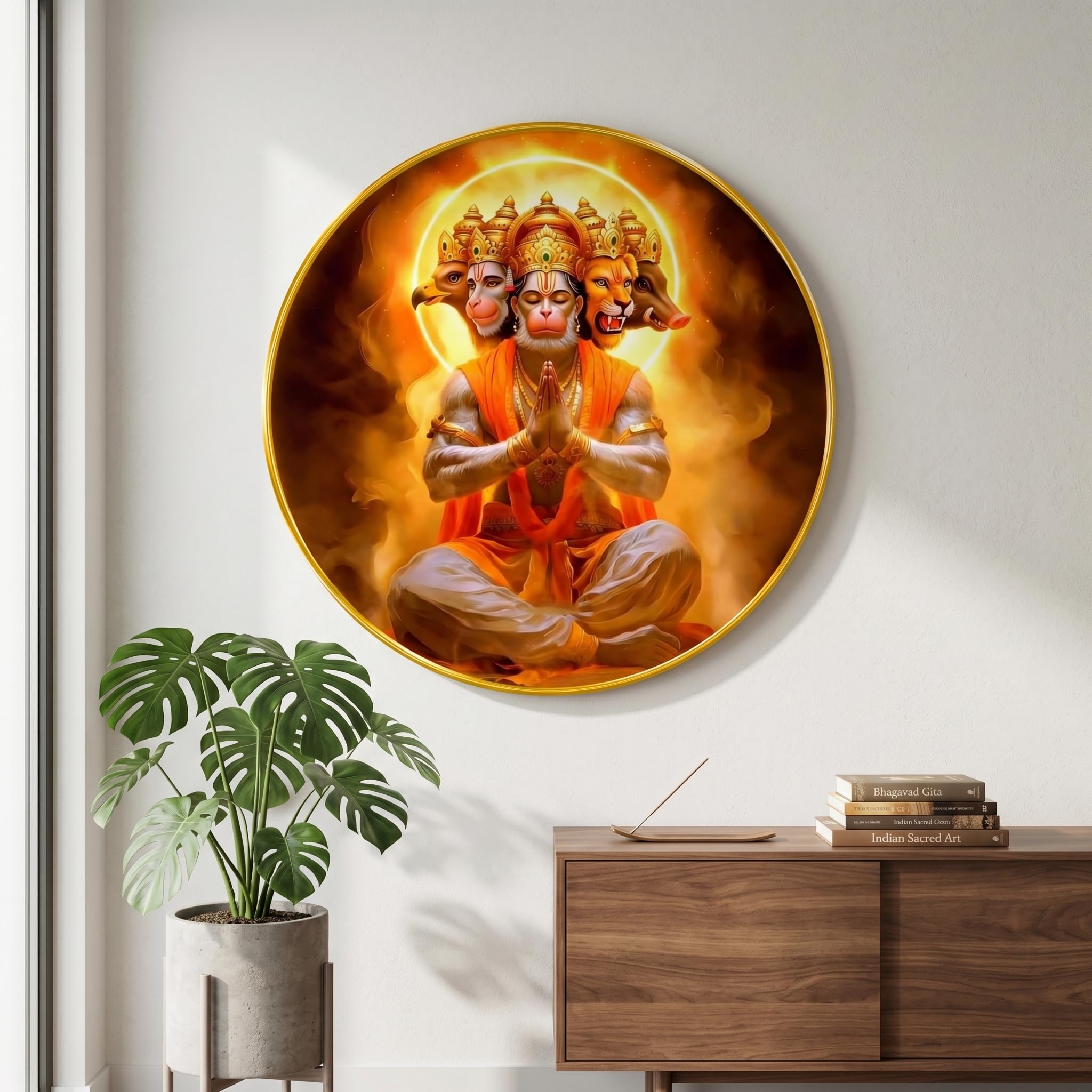 SAF Panchmukhi Hanuman Wall Painting Round PVC Golden Frame Spiritual Hindu God Wall Decor for Living Room Temple Bedroom Pooja Room Religious Gift Item (23 x 23 Inch) GR-380-image-25