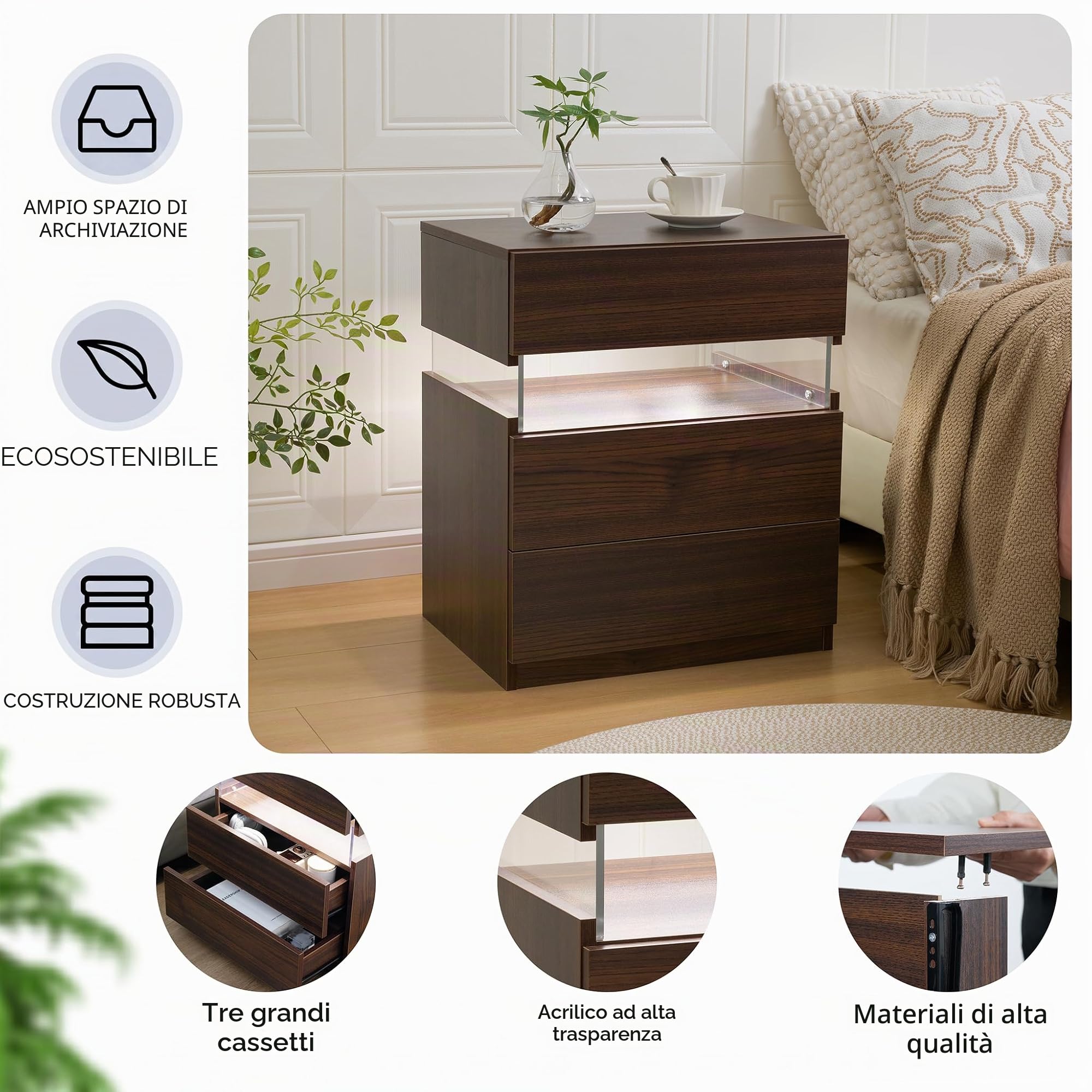 Cubehom Comodino a LED, con cassetti, per camera da letto, soggiorno, ufficio, colore: noce scuro, 2 pezzi