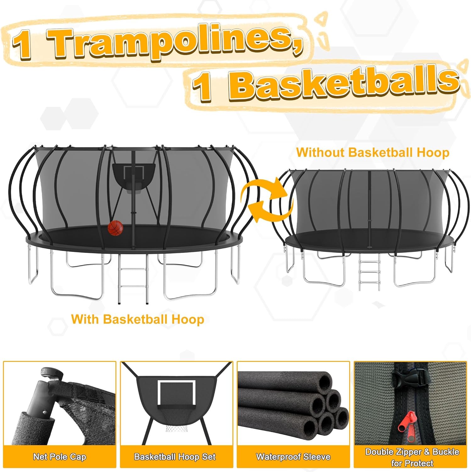 Upgraded 1500LBS Outdoor Rebounder System with Basketball Hoop, Lights & Sprinkler, 12/14/16FT Heavy-Duty Jump Mat for All Ages, ASTM Certified for Family Backyard, Easy Assembly