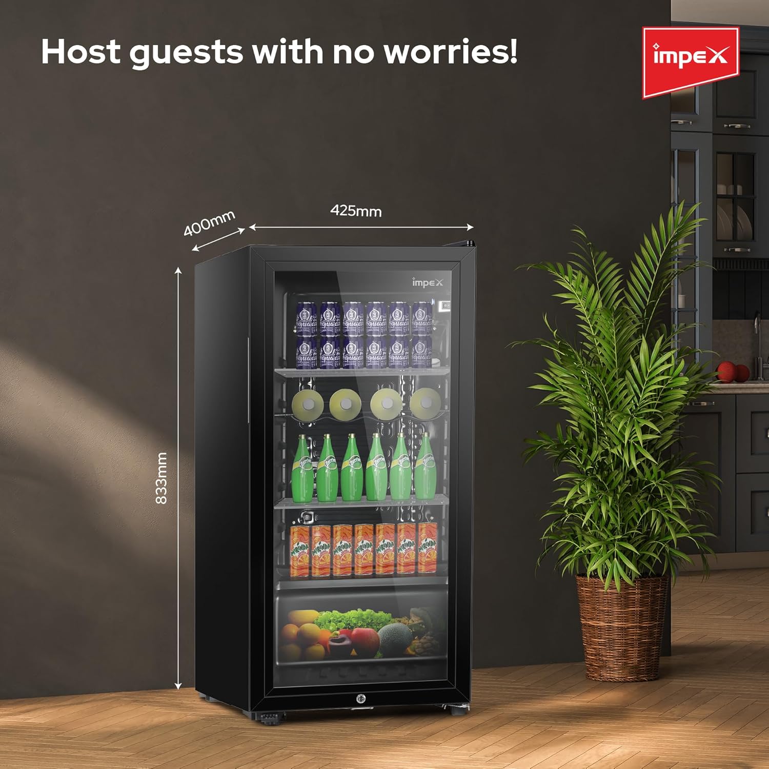 Impex IMBC 100 Beverage Refrigerator with dimensions labeled: 400mm depth, 425mm width, 833mm height. A plant is next to it.