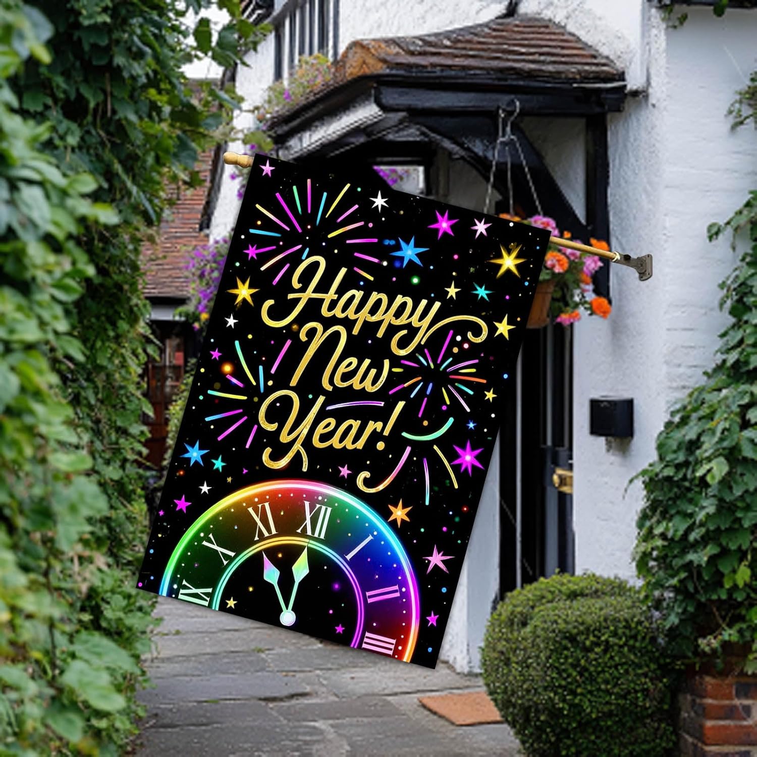 Happy New Year House Flag 28x40 Inch Colorful Fireworks and Clock Design Garden Flag Outdoor Yard Decoration Rainbow Holiday Banner for Home Porch Lawn - Image 6