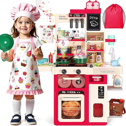 Juego de cocina para niños, cocina de juego Easface para niños pequeños de 1 a 3 años con sonido y luz, estufa de cocina con vapor, fregadero de