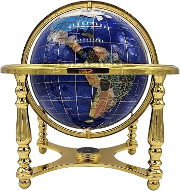 Limited Edition! Unique Art Since 1996 Blue Pearl Swirl Table Top Gemstone World Globe with 4 Leg Gold Zinc Alloy Stand GOLD