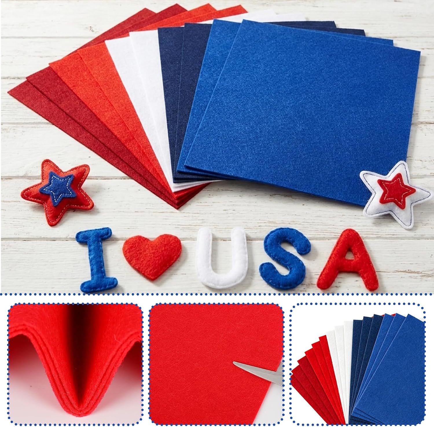 Whaline 15 Pcs Patriotic Felt Fabric Sheets Soft Thick Assorted Red Blue White Craft Felt Pack for 250th Anniversary Independence Day 4th of July DIY Crafts Sewing Patchwork Supplies, 7.9 x 11.8 in