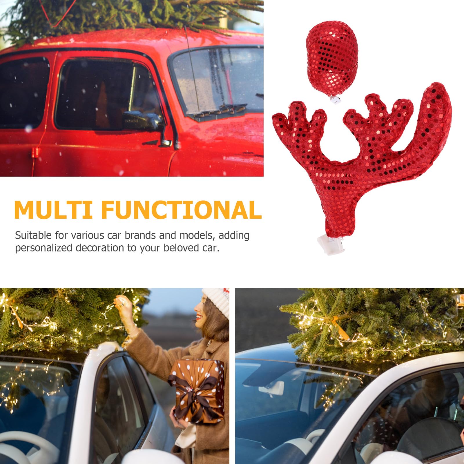 Decorazione Natalizia per Auto Corna di Renna Rosse in Plastico e Tessuto, Accessori Festivi per Finestra Auto per Natale e Vacanze, Set