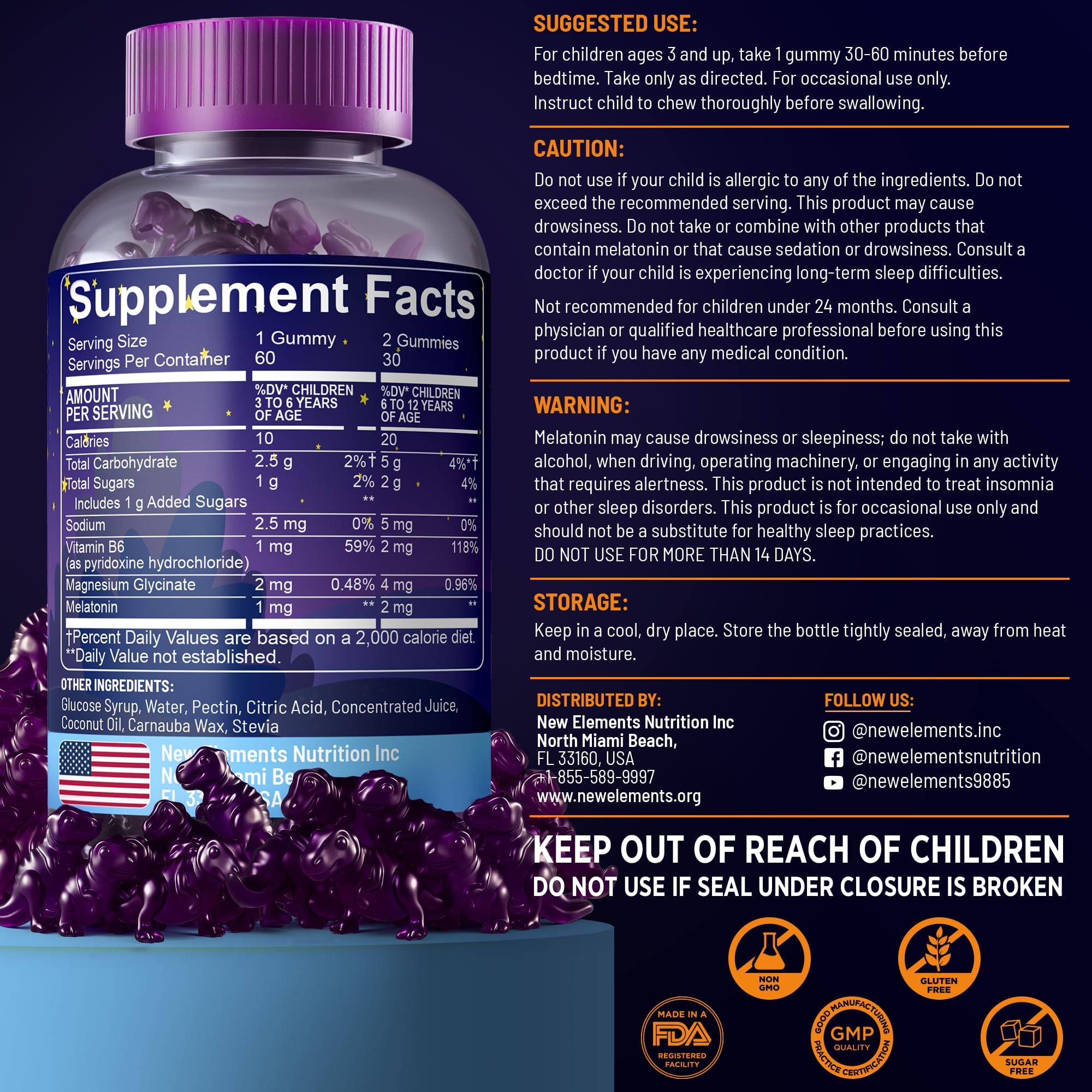 New Elements Melatonin Gummies Kids 2mg with Magnesium Glycinate & Vitamin B6 | Sleep Gummies for Kids | Dinosaur-Shaped Sleep Support | Natural Grape Flavor | Non-GMO | Gluten Free — Amazon image 4