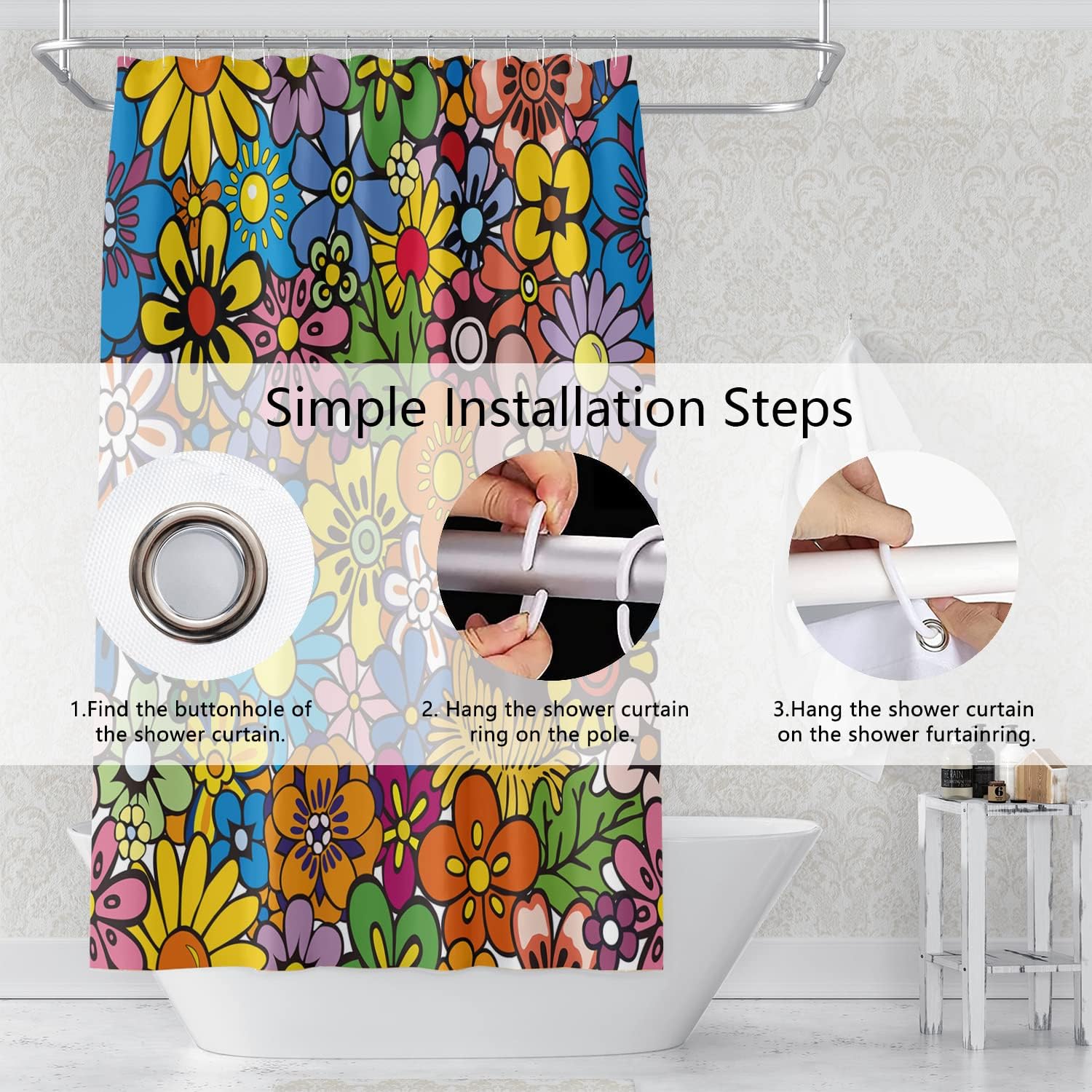 Bohemia Colorful Flowers Bathroom Shower Curtain Funky Retro Hippie 60s 70s Aesthetic Washable Polyester Durable Fabric Home Shower Curtain with Hooks, 72x84 Inch