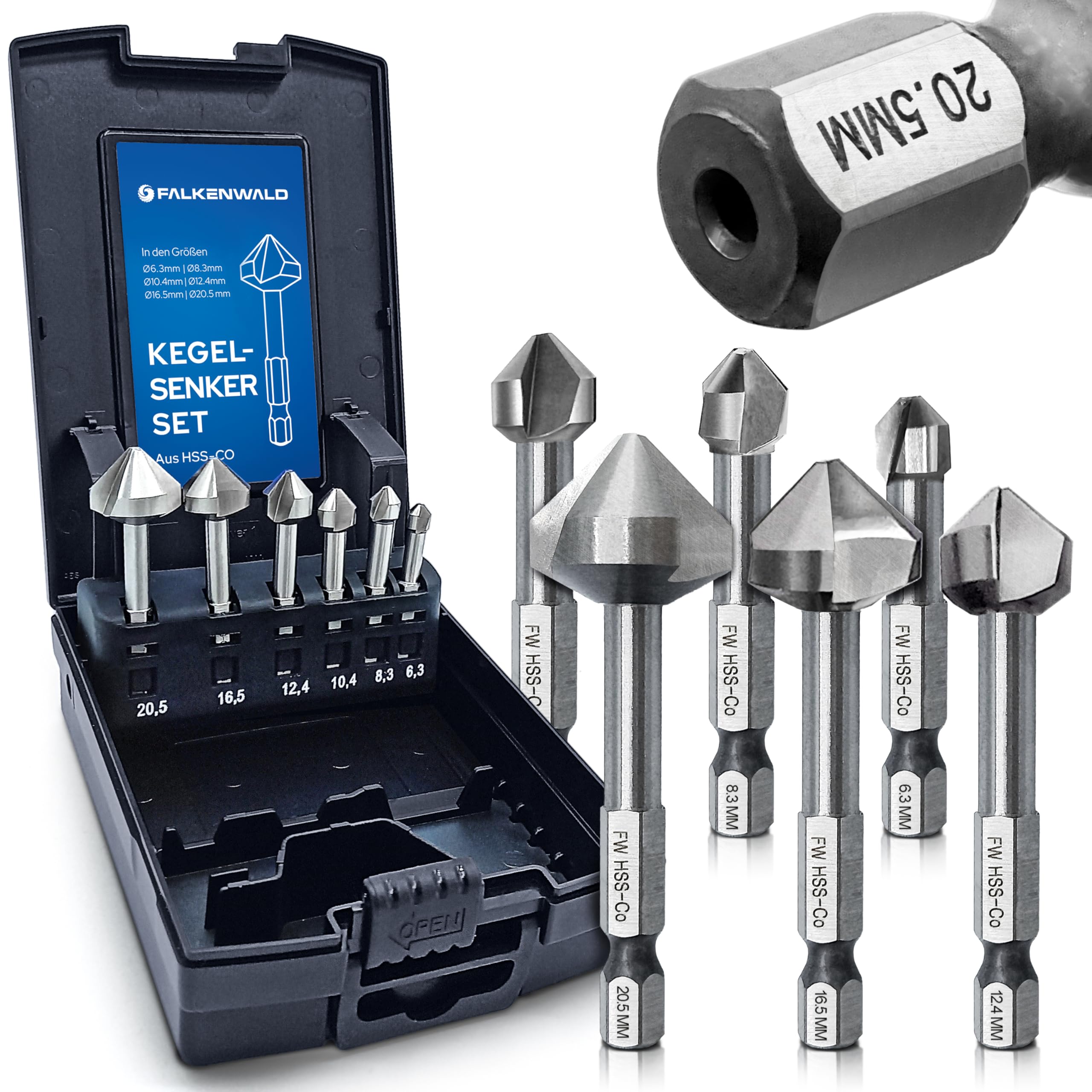 Falkenwald Kegelsenker Set aus HSS-CO Stahl [6-teilig inkl. Aufbewahrungsbox] - Senkbohrer Holz Ø 6,3-20,5 mm - Senker Holz - Senker Metall Kegelsenker Metall